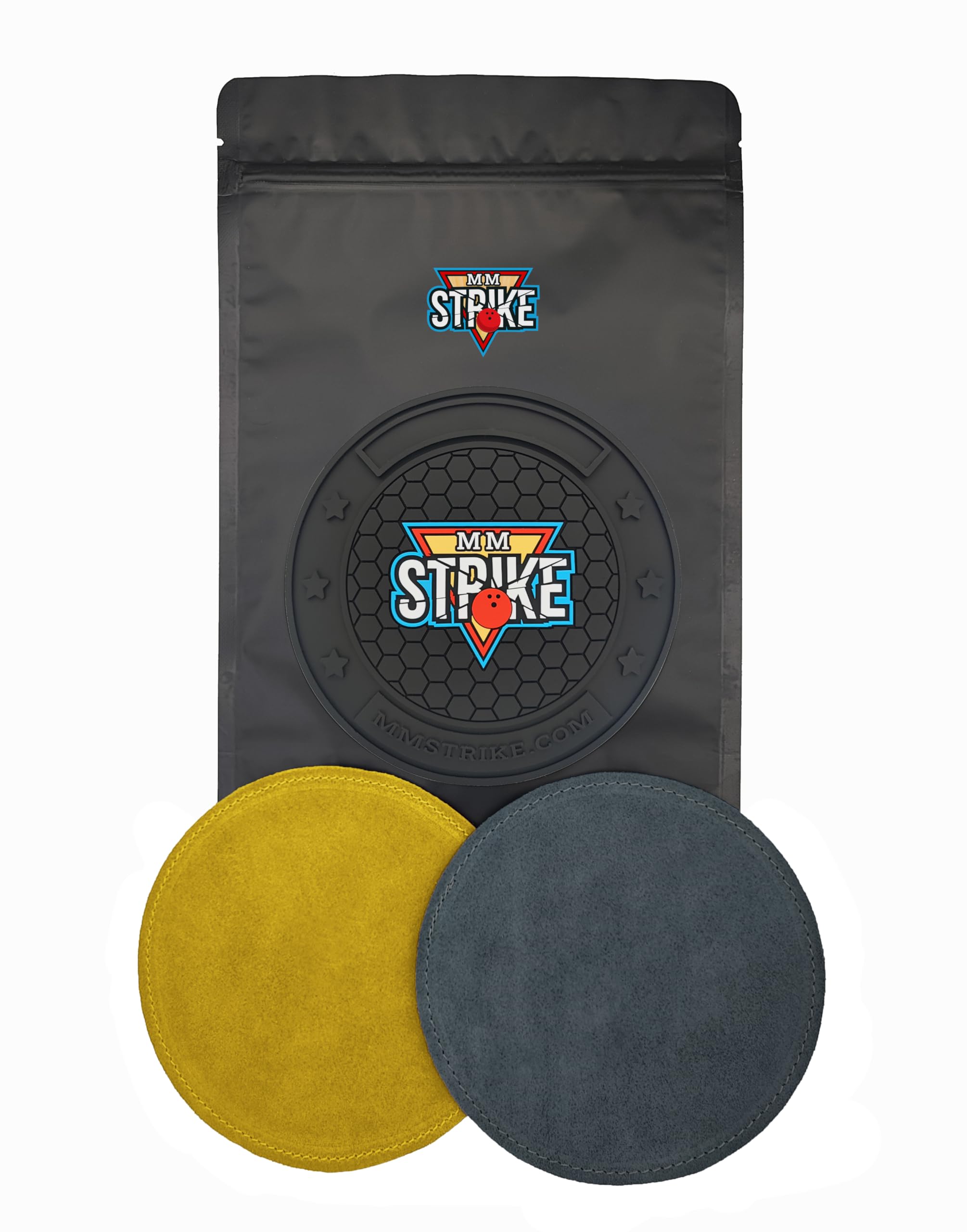 MMSTRIKE 2 cuscinetti da bowling in pelle Shammy + Nero GripFlex Gomma Base Disco Gancio e Sistema Loop. Rimozione olio e levigatura superficiale. Ammies da bowling sostituibili