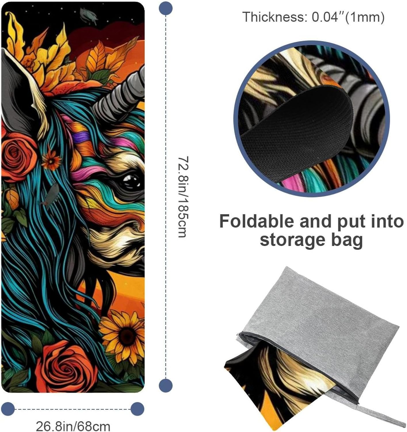 Yoga Towel, Unicorn Skull Horse Sunflower Non Slip Sweat Absorbent Hot Yoga Mat Towel for Hot Yoga, Pilates and Fitness - 72.8" x 26.8"