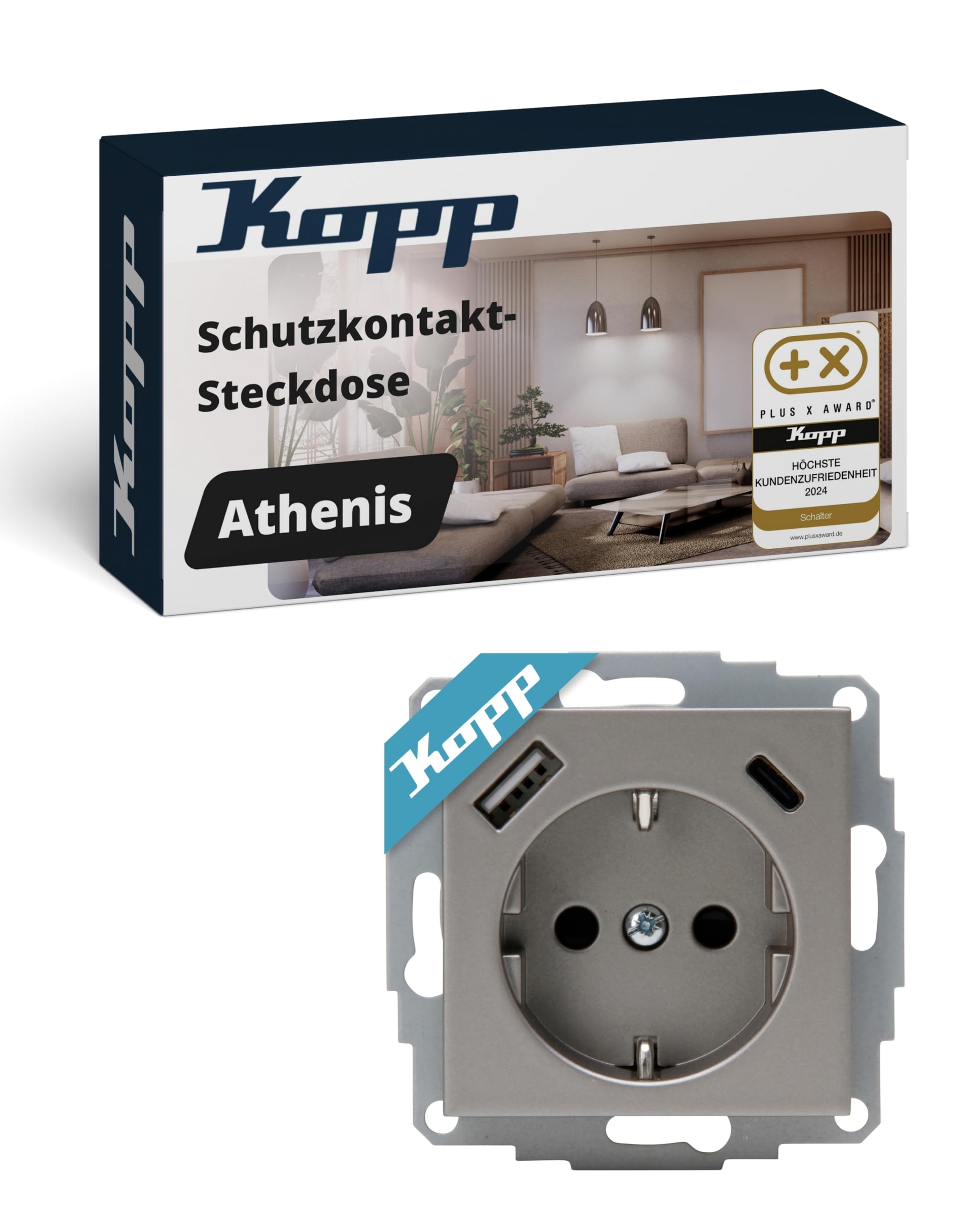 Kopp ATHENIS Unterputz-Steckdose mit USB A & USB C in Stahlfarben – Schutzkontakt-Steckdose mit integrierten Ladebuchsen – 16 A / 250 V~ IP20 – Steckklemmen & erhöhter Berührungsschutz