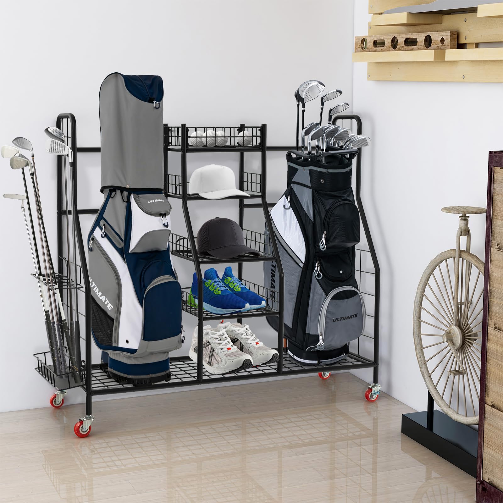 Tangkula Golf Bag Storage Rack for Garage, Heavy Duty Metal Double Golf Bag Storage Rack with Removable Golf Club Stand, Shelves & Lockable Wheels, Extra Large Golf Equipment Organizer for Garage