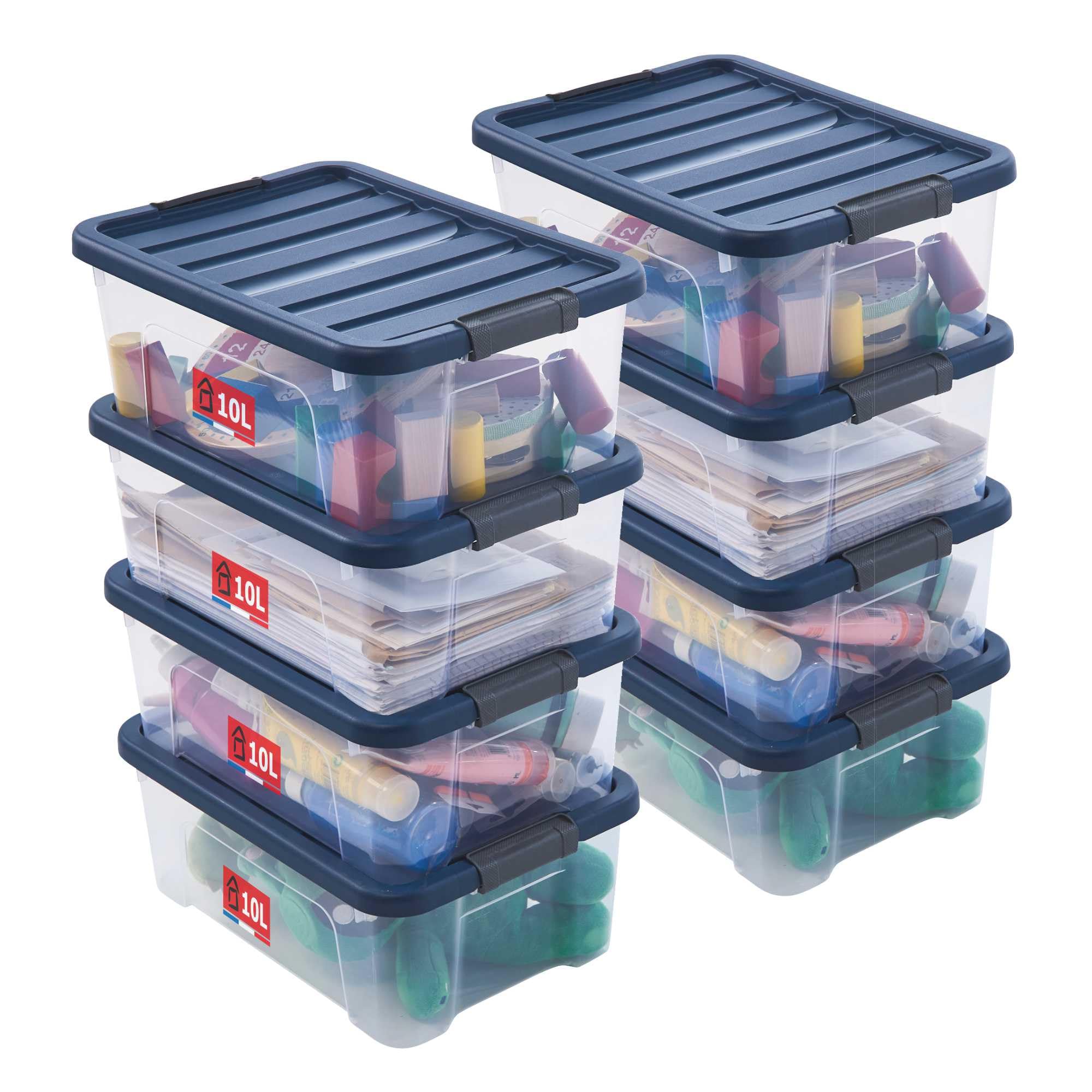 Sundis Wave Box 8 Pack 10L Stackable Stackable Clear Plastic Storage Boxes with Snap Lid, Ideal for Bedroom, Dressing Room, Shoes, Office