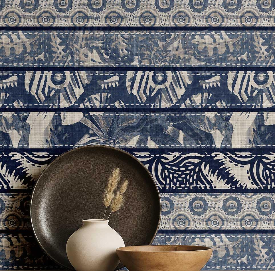 Papier peint autocollant bohème rayé fait main bleu en vinyle texturé