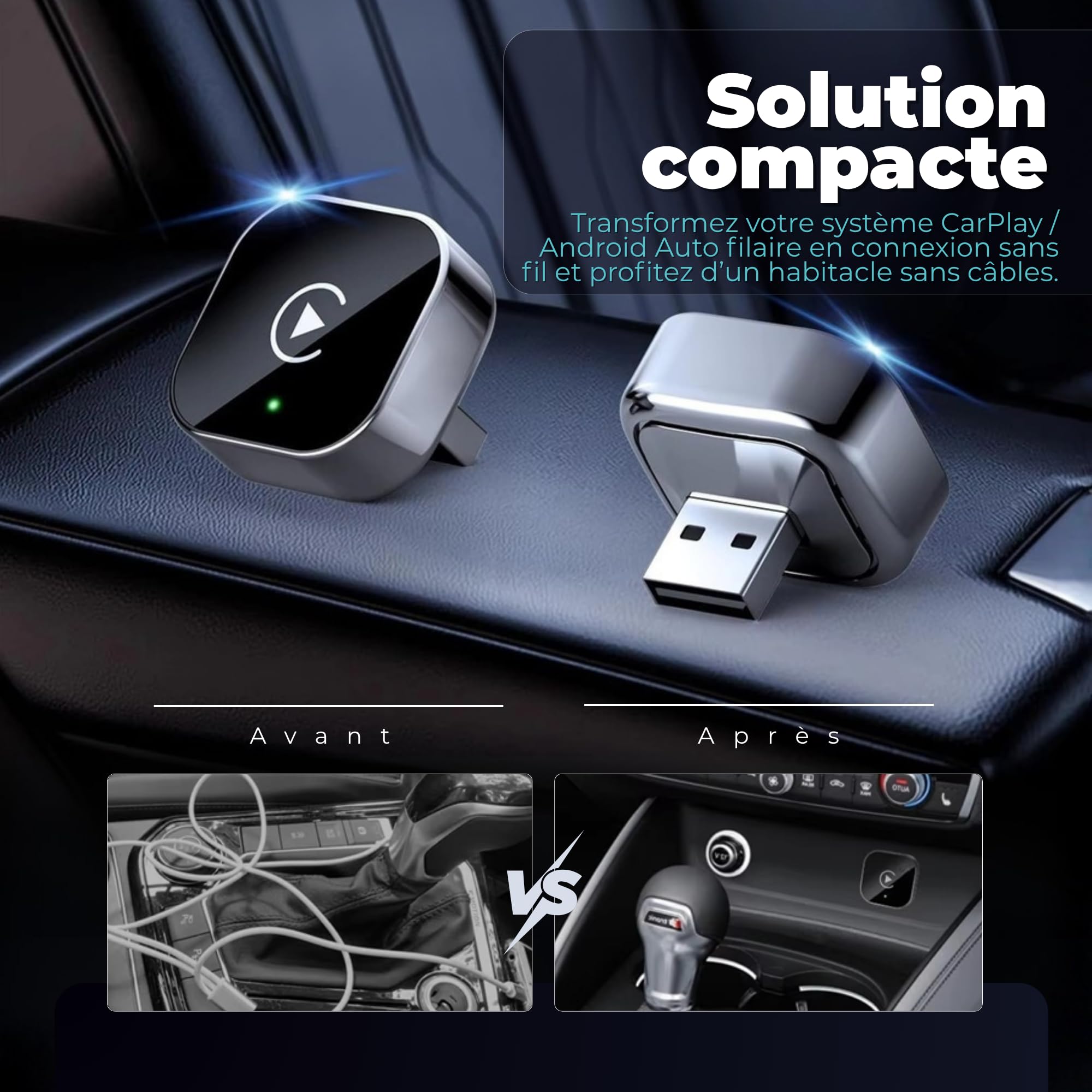 Adaptateur Carplay sans Fil & Android Auto sans Fil 2 en 1 Mini (Version 2026) – Plug & Play, reconnexion Rapide, 3 Accessoires Inclus, Compatible USB-A et USB-C