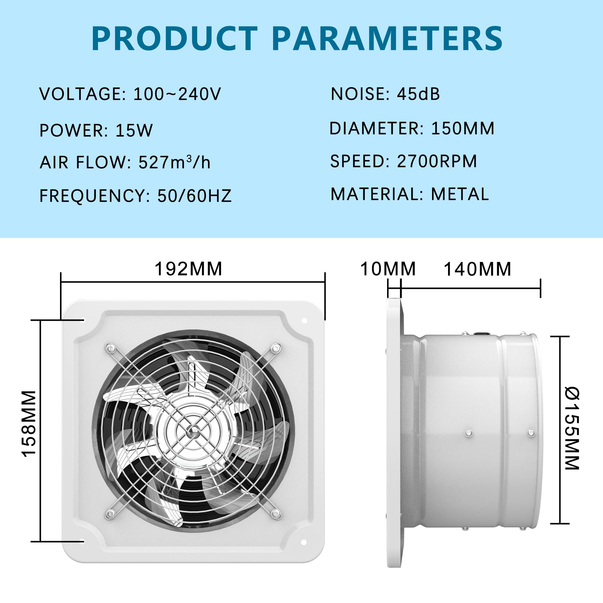 Aygrochy Ventilateur d'extraction d'air 150 mm avec prise intelligente - Silencieux - 527 m³/h - Ventilateur mural industriel avec clapet anti-retour pour serres, salle de bain, cuisine, garage, loft