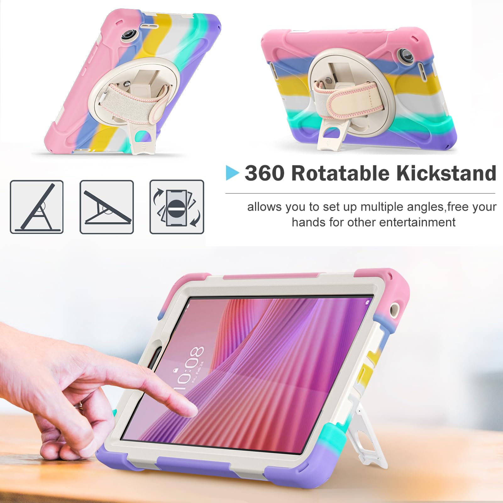 ProCase Custodia per Lenovo Tab One 8,7 Pollici 2025/ Tab K9 Copertura Protettiva Resistente Agli Urti Supporto Girevole con Tracolla Maniglia -Colorato