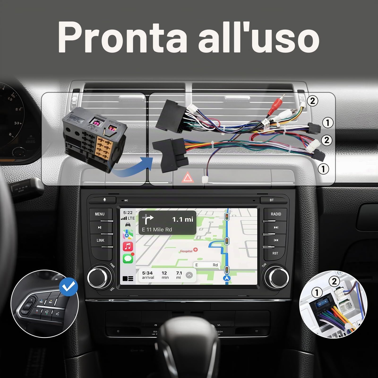 Autoradio Linux per Audi A4 B6, B7, S4 RS4–Avvio in 3 secondi | Schermo IPS 7", CarPlay & Android Auto wireless, AM/FM/RDS, DSP, USB, Bluetooth, microfono, comandi al volante – plug & play