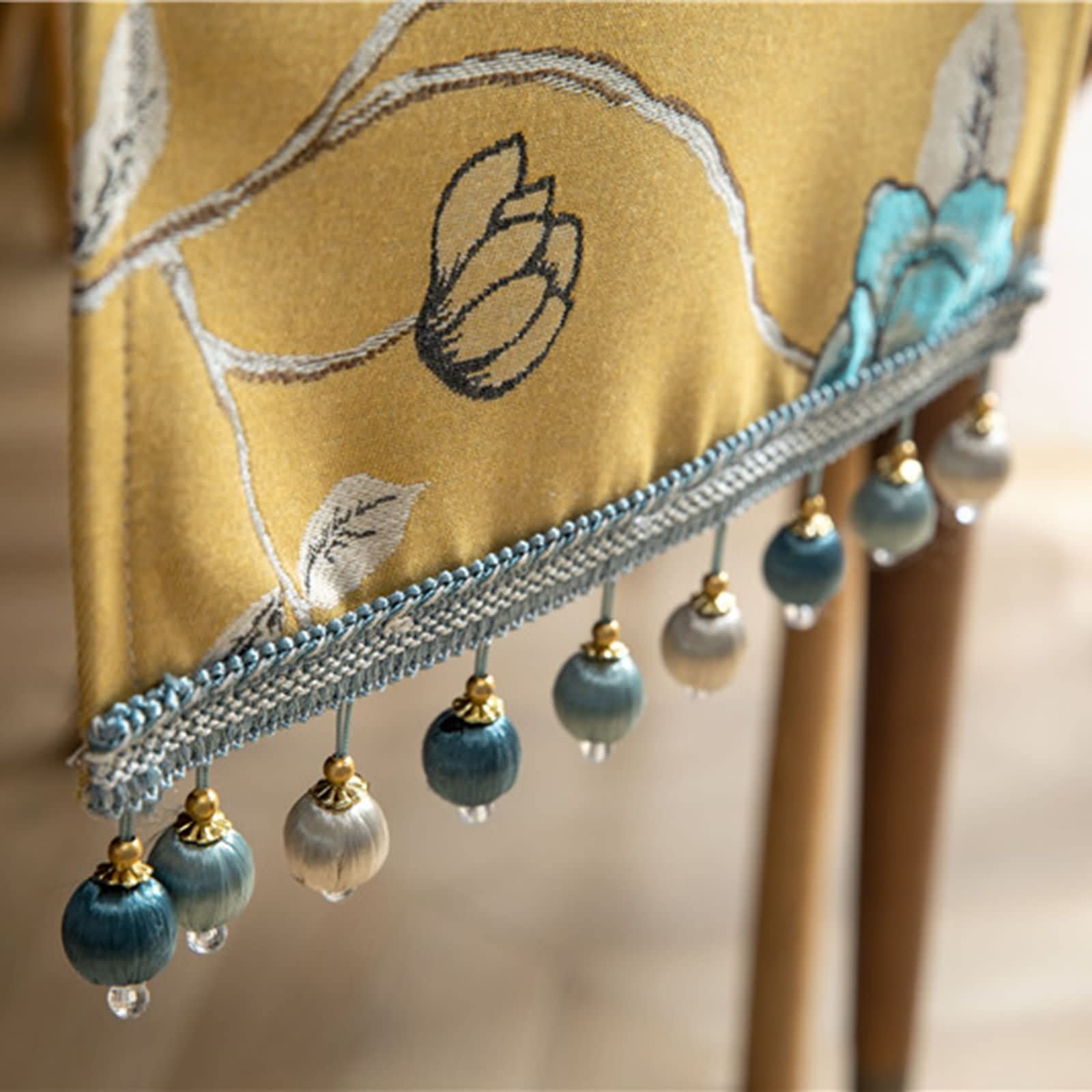 Dekostoff Tischläufer Modern, Polyester Tischläufer Abwaschbar Weihnachtlicher Tischläufer Wohnzimmer Zweige mit Blumen und Blättern Gelb 33x180CM
