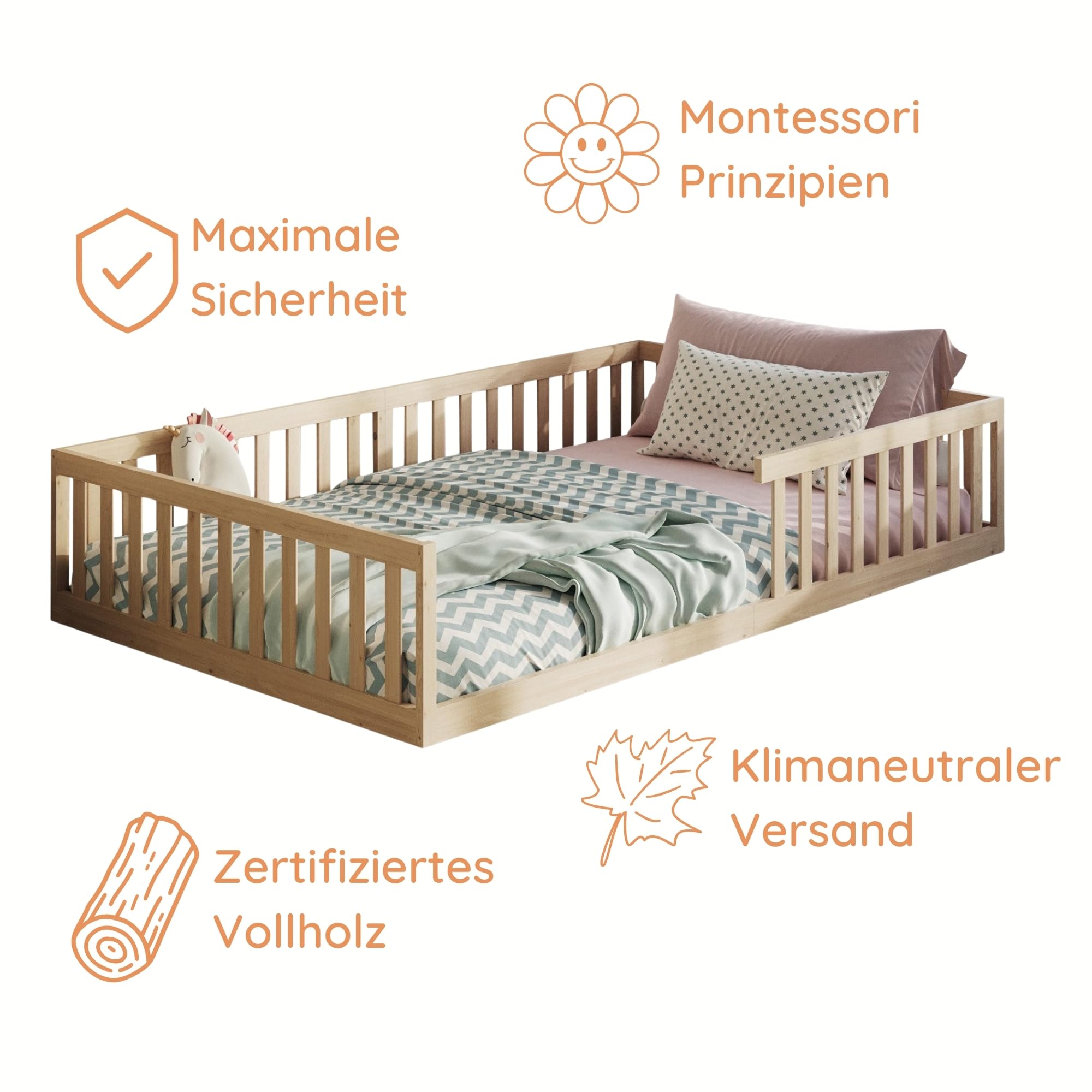 Kids Collective Kinderbett Bodenbett 120x200 cm mit Rausfallschutz & Lattenrost Montessori Bett Bed Gitterbett Kinder Jugendbett Einzelbett | Natur weitere Größen | 90x200 | 140x200 cm