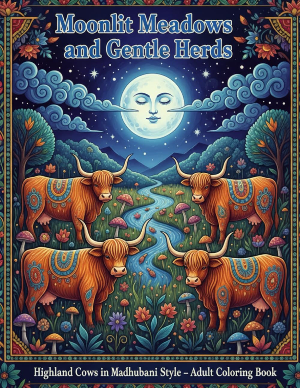 Moonlit Meadows and Gentle Herds: An Intricate Cow Coloring Book for Adults Featuring Madhubani Style Highland Cows, Floral Fields, and Peaceful Farm Scenes