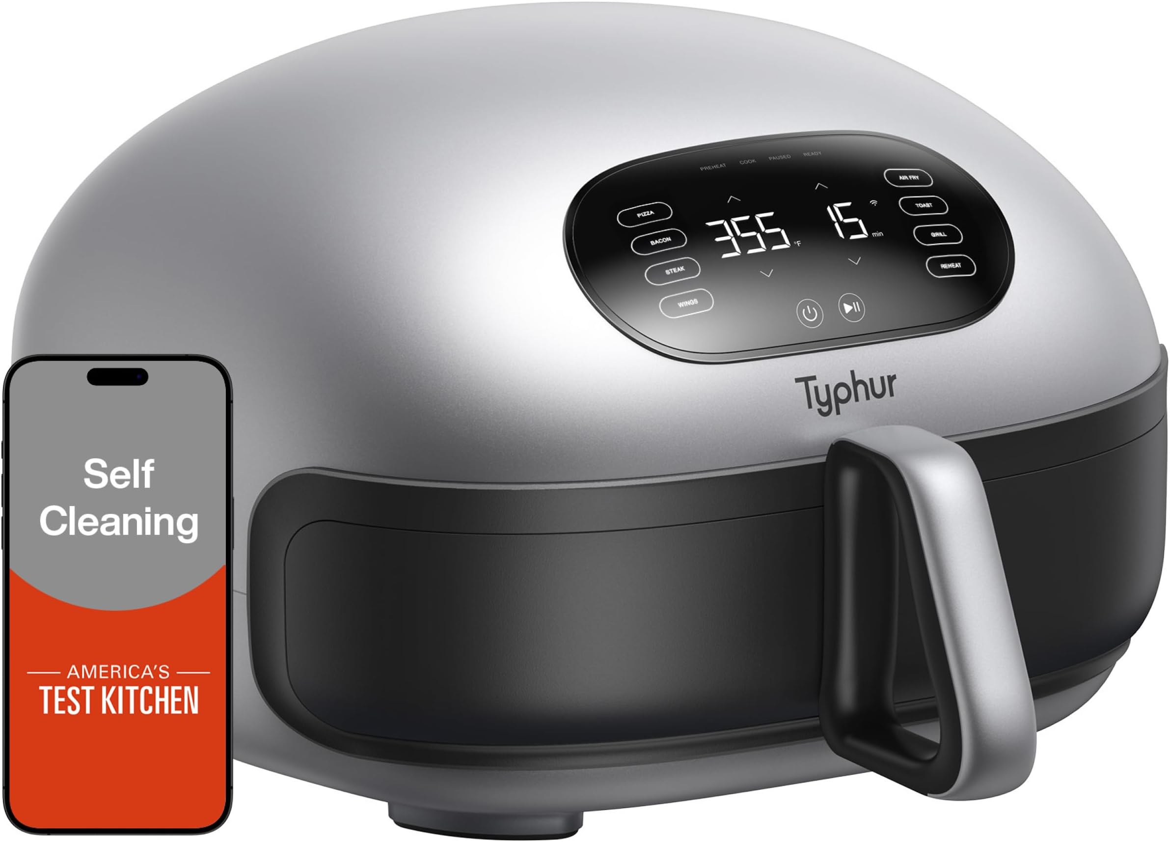Typhur Dome 2 AI Smart Air Fryer, Large Flat Airfryer with Top & Bottom Heating, Self-cleaning Digital Fryer, PFAS free Ceramic Basket, Fits a 12" Pizza or Steaks, Whisper-Quiet, 120V
