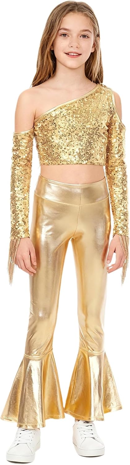Girls Sequined Tassels Jazz Latin Dance Crop Top with Metallic Flare Pants Hip Hop Dance Outfits Disco Party Set