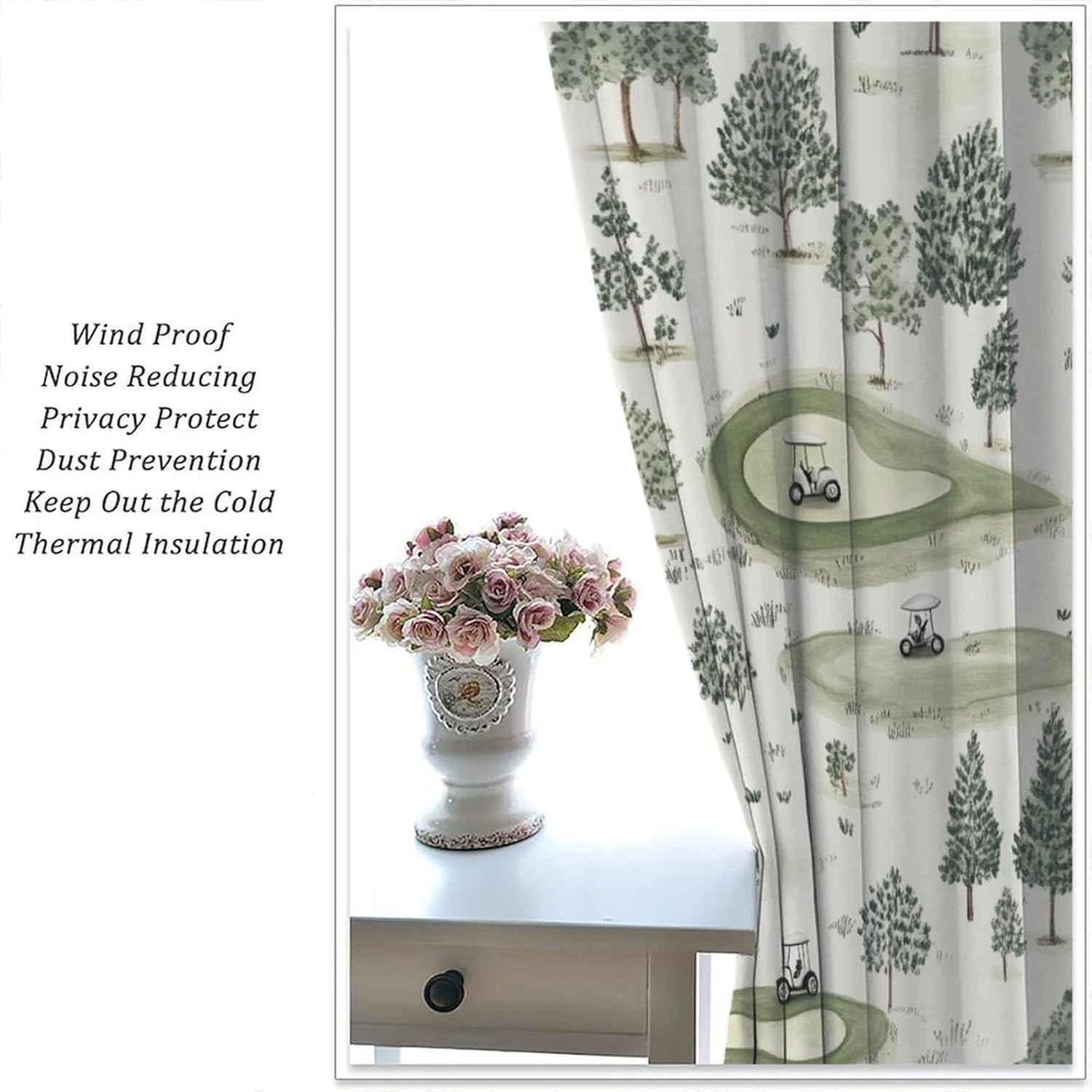 Golf Car Watercolor Blackout Curtains, Tree Sport Outdoor Curtains Rod Pocket Thermal Insulated Window Drapes for Bedroom/Living Room, 21W x 45L, 2 Panels