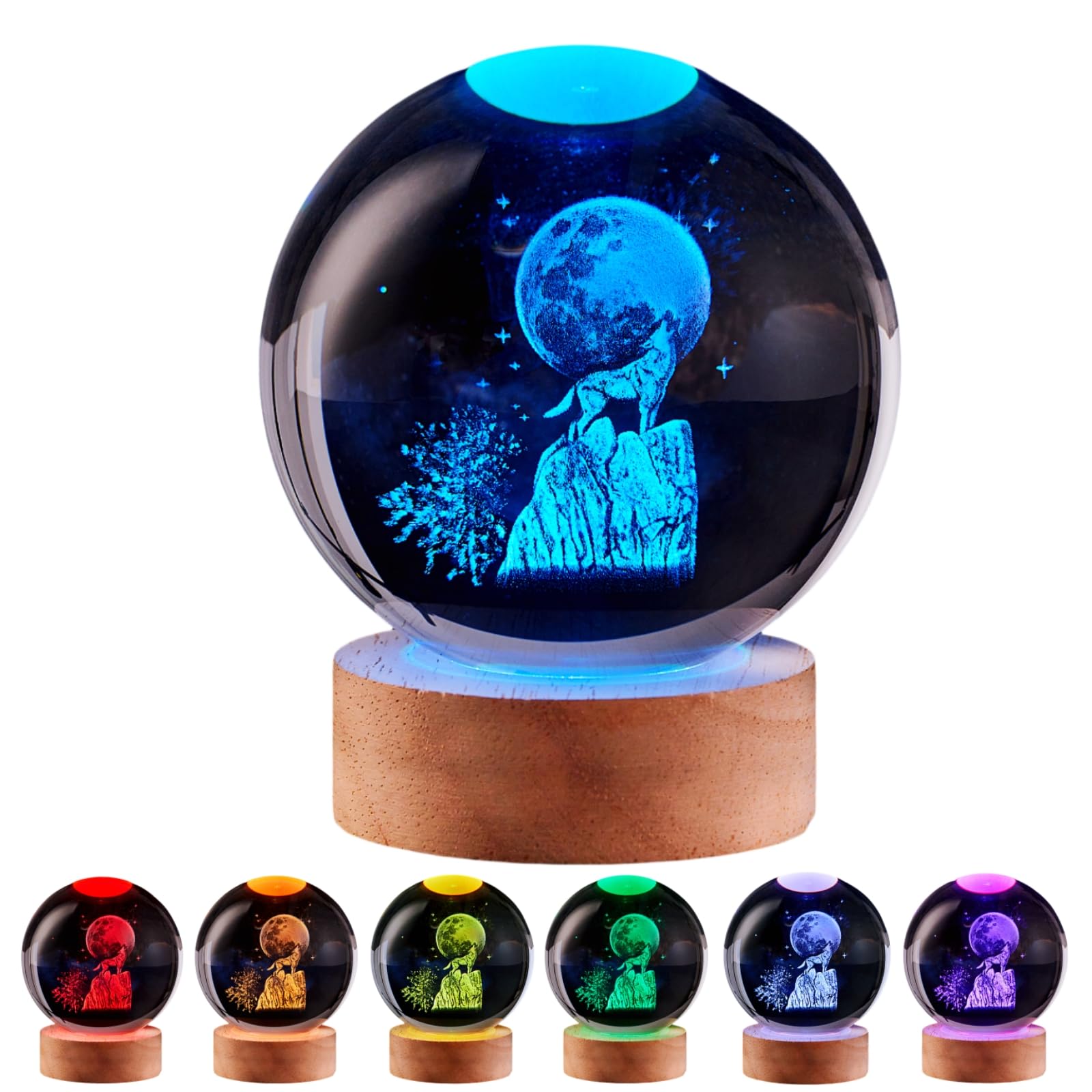 LGY3DLight 3D Crystal Ball Lamp with Remote Control, 3.15 inch Crystal Night Light with Wooden Base 16 Colors Change, Glass Figurine Lamp Gift for Girls Boys Wife Girlfriend Mom (Wolf)