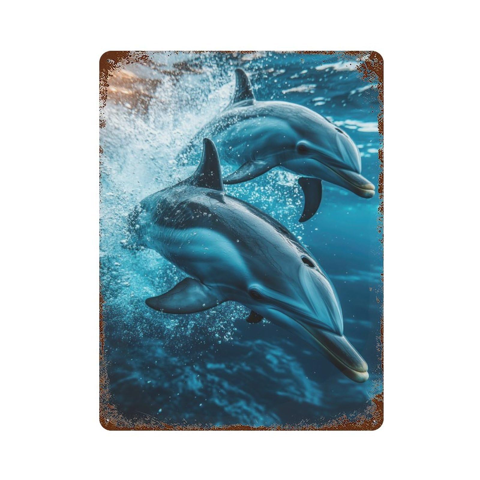 Retro Metal Sign with Dolphins Underwater Design 15.7"x11.8", for Living Room, Hallway And Home Decor, Farmhouse Wall Decor