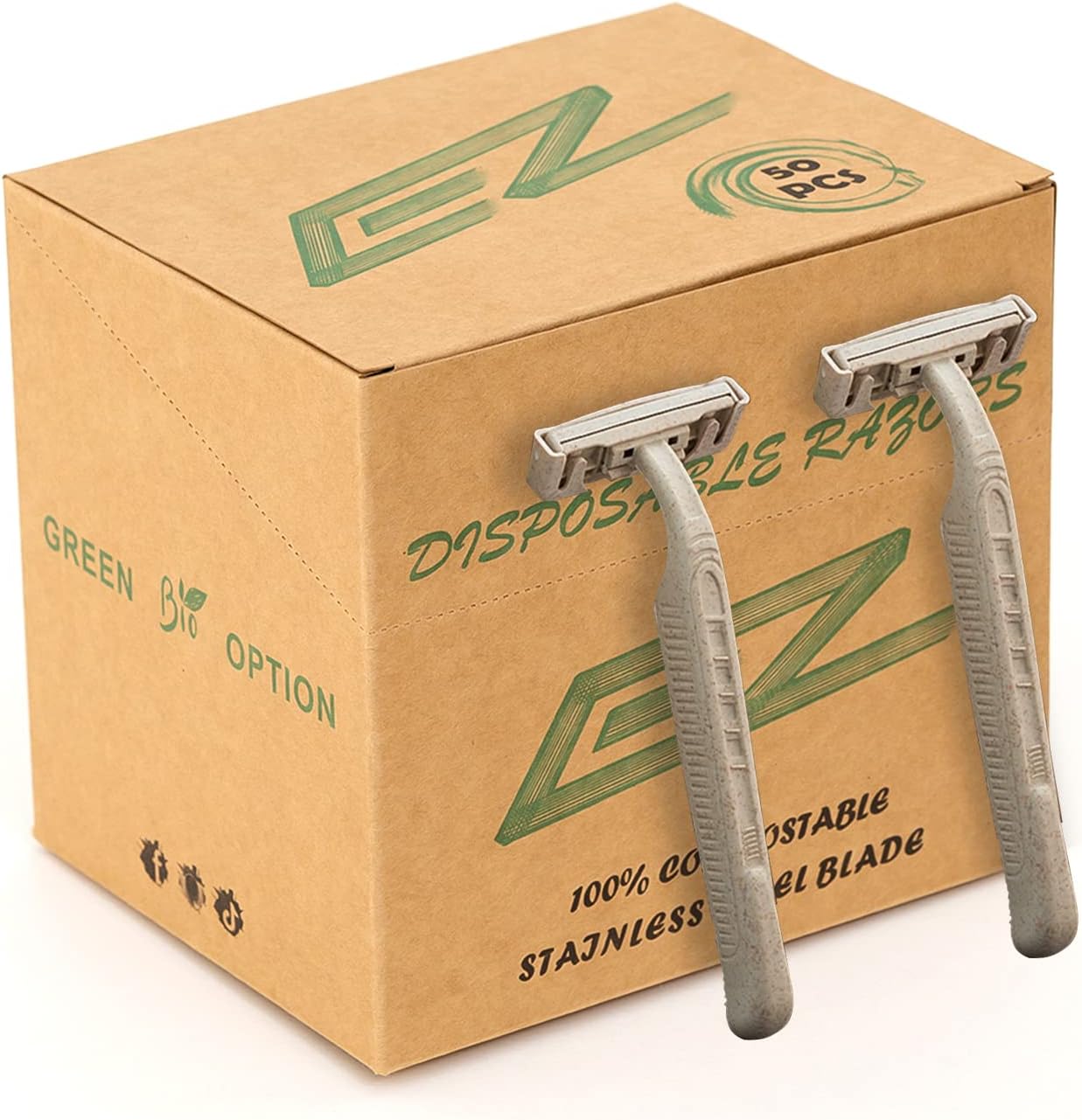 EZ Disposable Razor - 50pcs Eco Friendly Disposable Three Blade Shaving Razor for Men/Women's Grooming, Biodegradable Single-Use Body & Face Shaver for Eco Friendly Product Gifts