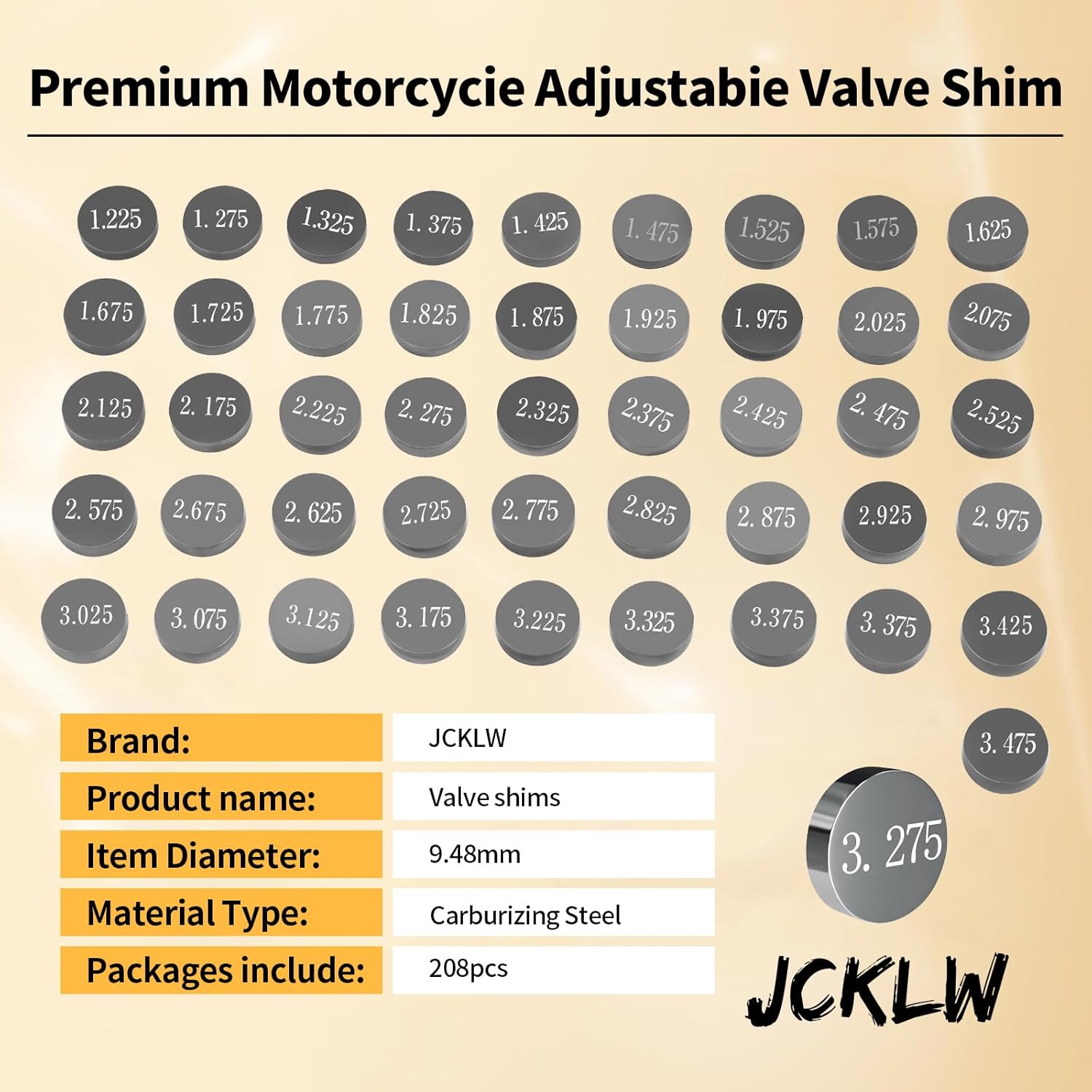 Adjustable Valve Shim Kit 9.48mm O.D. 1.20mm-4.00mm Thick for LT-Z400 QuadSport Z 2003-2012 LTR450Z LT-R450 QuadRacer 2006-2011/ YFZ450R YZ250FX YZF-R1 WR250F/Kawasaki KFX400(208Pcs)