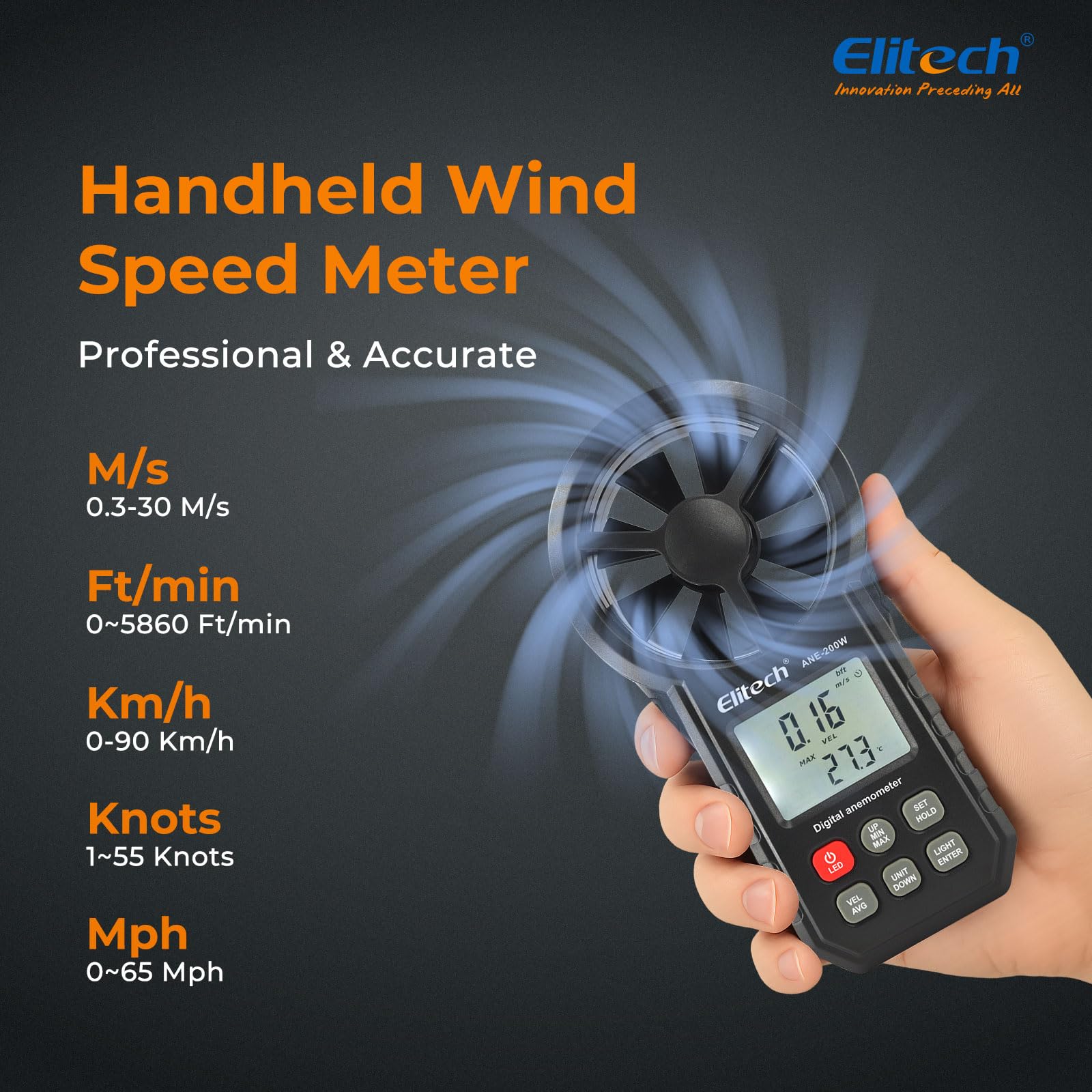 Elitech Wiatomierz Bluetooth, cyfrowy anemometr, pomiar prędkości wiatru, eksport danych USB, pomiar przepływu powietrza CFM/CMM do kontroli HVAC i ochrony środowiska ANE-200 W