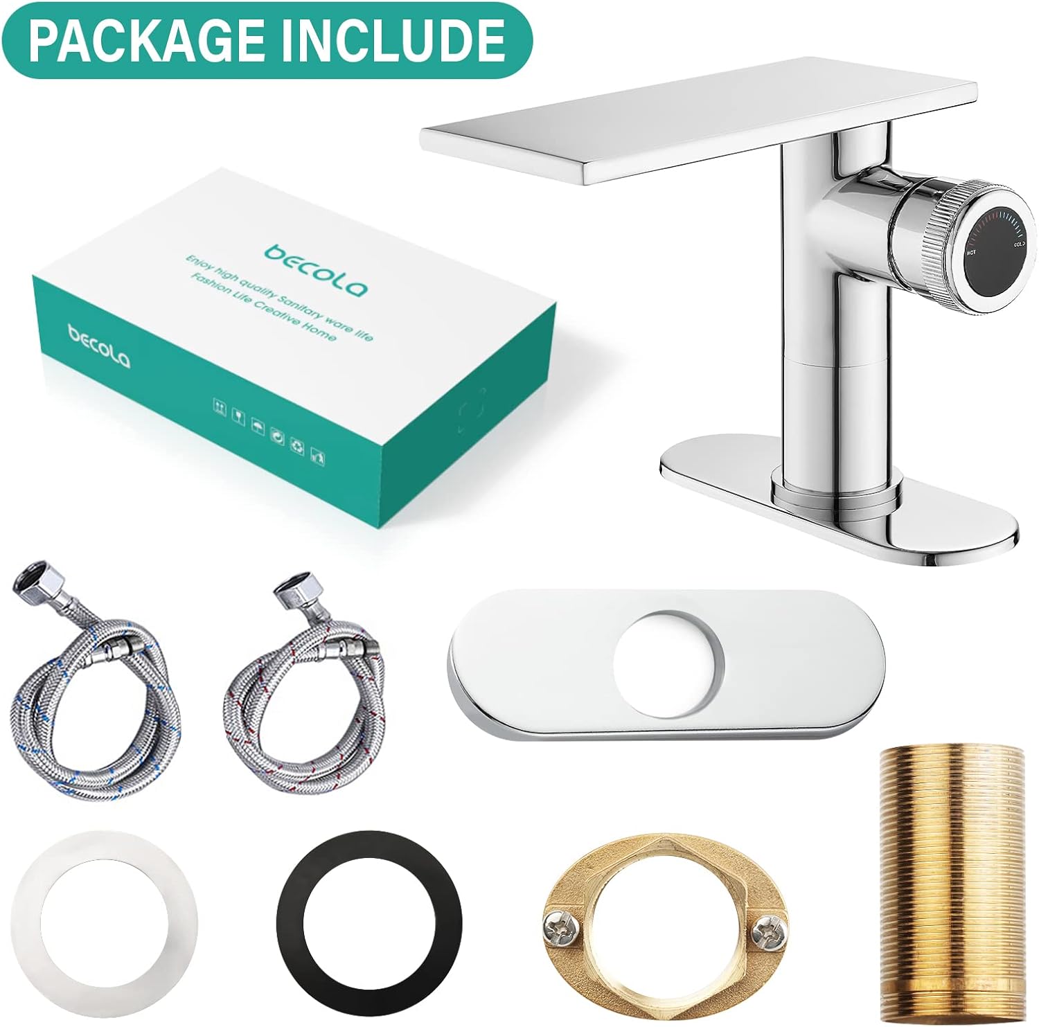 becola Modern Chrome Bathroom Faucet, Waterfall Faucet for Bathroom Sink, Single Hole Bathroom Sink Faucet Cold and Hot Basin Mixer Tap, Single Handle Bathroom Faucet with Adjust Knobs and Deck Plate - Image 4