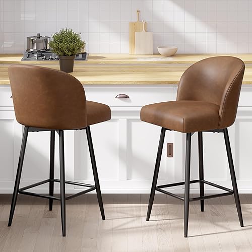 Miniatura 6 de Juego de 2 taburetes de bar giratorios de 360 con respaldo alto y patas de metal, altura de asiento de 26 pulgadas, sillas de bar tapizadas de piel