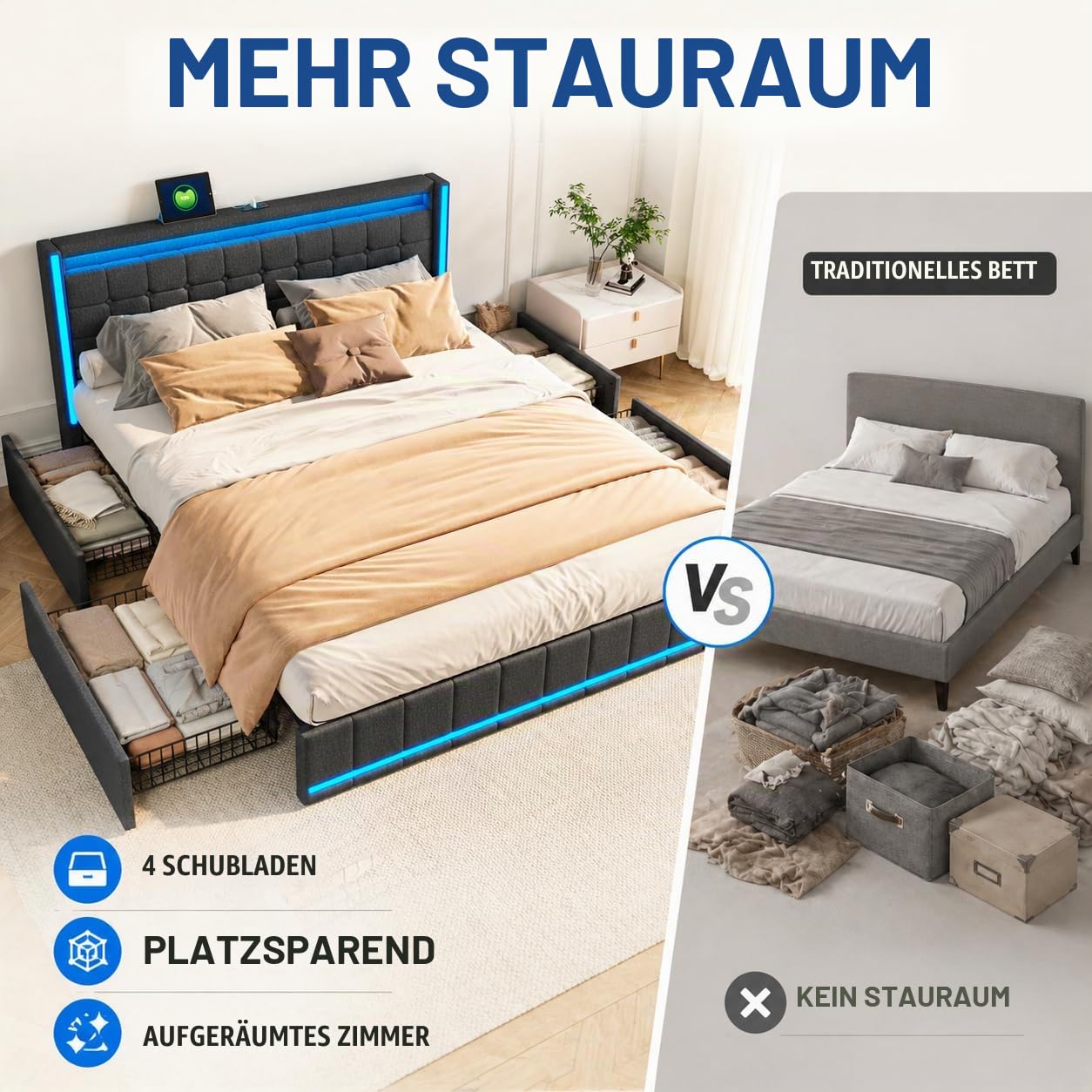 BRILVERDE Polsterbett 180x200 mit Stauraum, Doppelbett mit USB und LED, Jugendbett mit 4 Schubladen, Funktionsbett, Bettgestell mit Lattenrost, Linen (Grau, 180 x 200 cm)