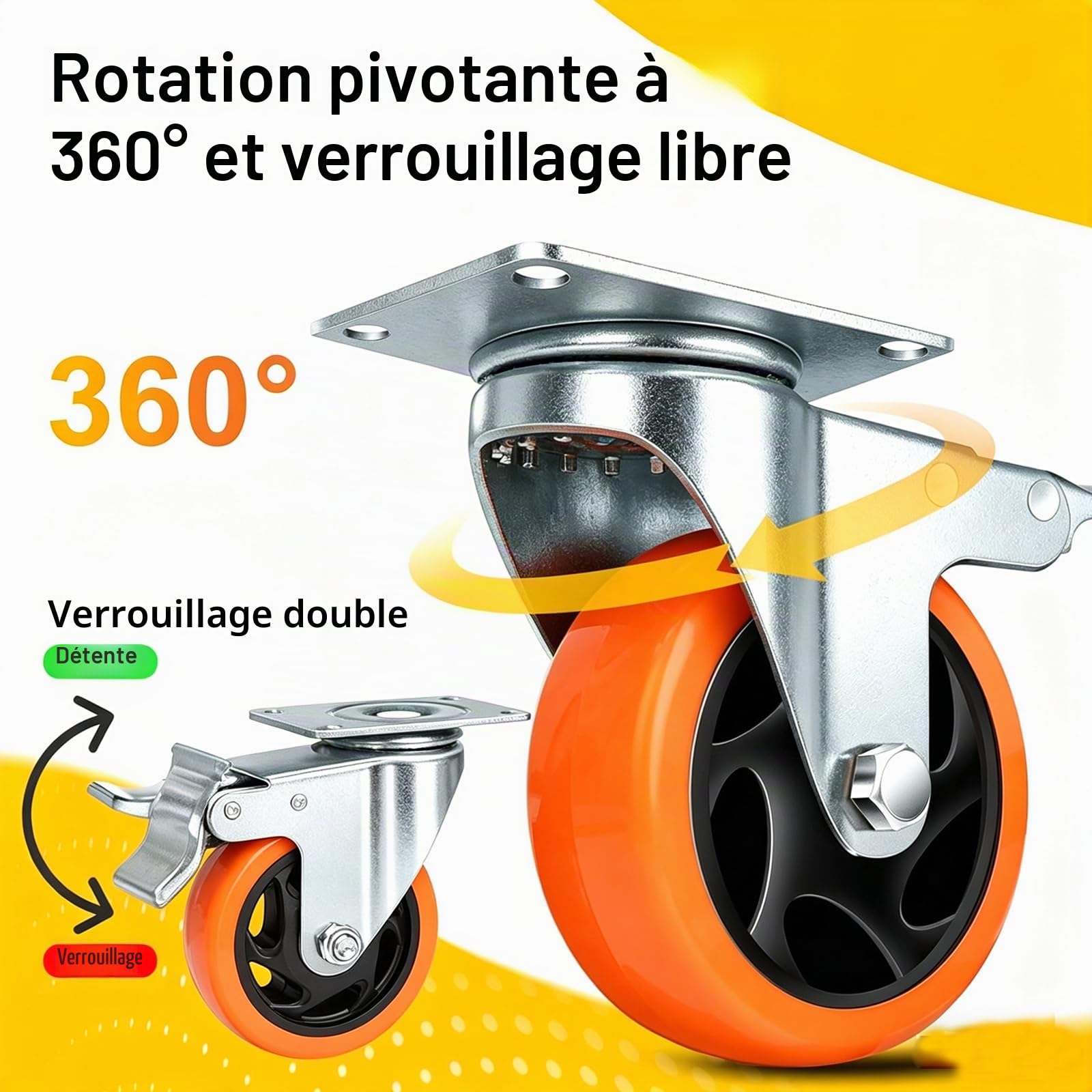 Roulette Pivotante avec Frein 125 mm, 4 Roulettes pour Meubles Roulettes Charge Lourde Roue Plaques Industrielles Transport, Max 800KG (32 Vis Incluses)