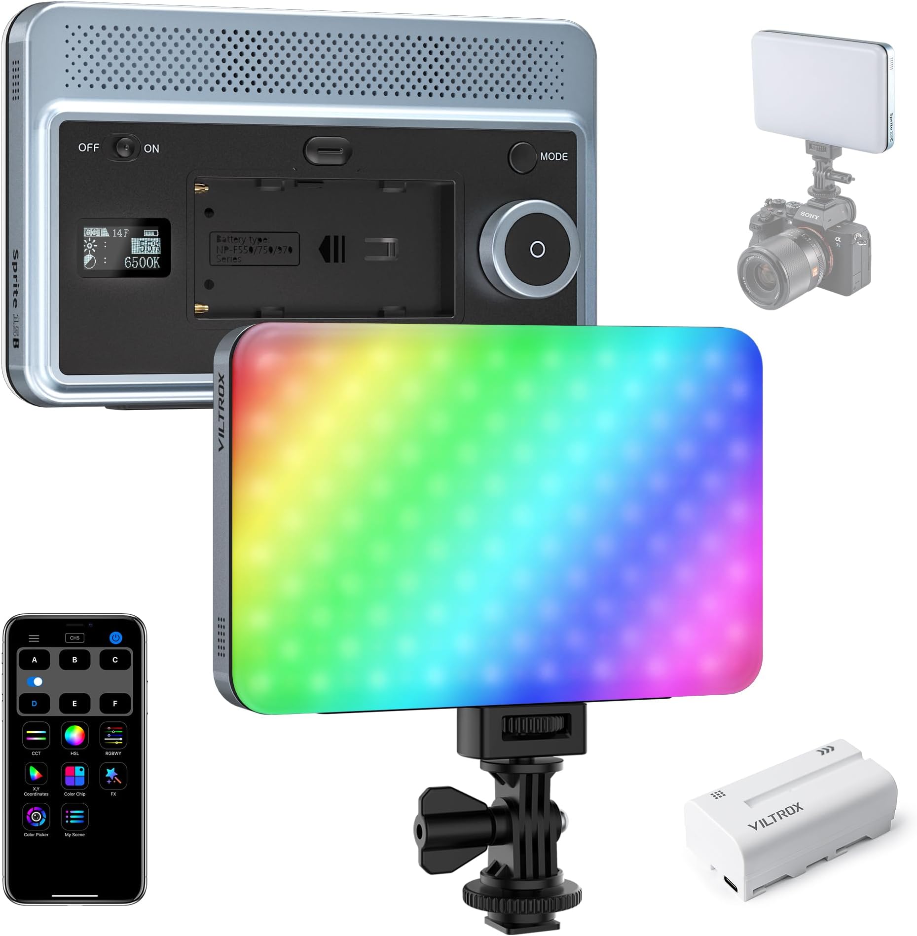 VILTROX 15C RGB Led Panel Light, Smartphone Control 360° Full Color On Camera LED Photography Lighting with Cold Shoe,2200mAh Rechargeable CRI 95+ 2600K-6800K Dimmable Panel Lamp(with Battery)