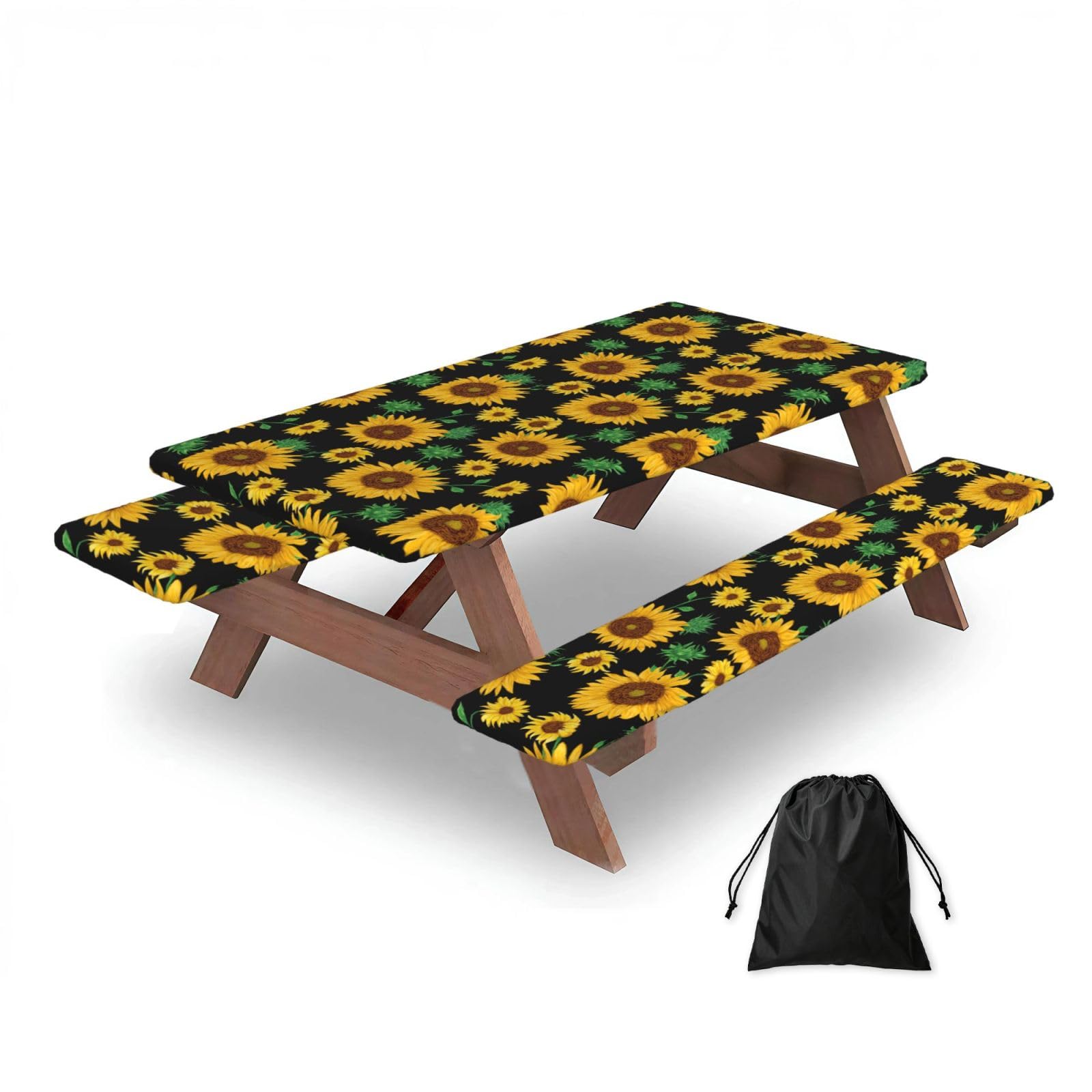 Sunflower Print, Picnic Table Cover With Bench Covers -Waterproof Elastic Fitted Tablecloth for Garden Camping Patio 76x152cm