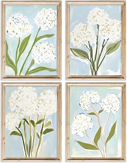 White Hydrangea Flowers Wall Art Modern Southern Floral Pictures Wall Decor Feminine Blue Green Botanical Poster Light White Flower Arrangement Painting Print Artwork for Living Room Bedroom, Unframed