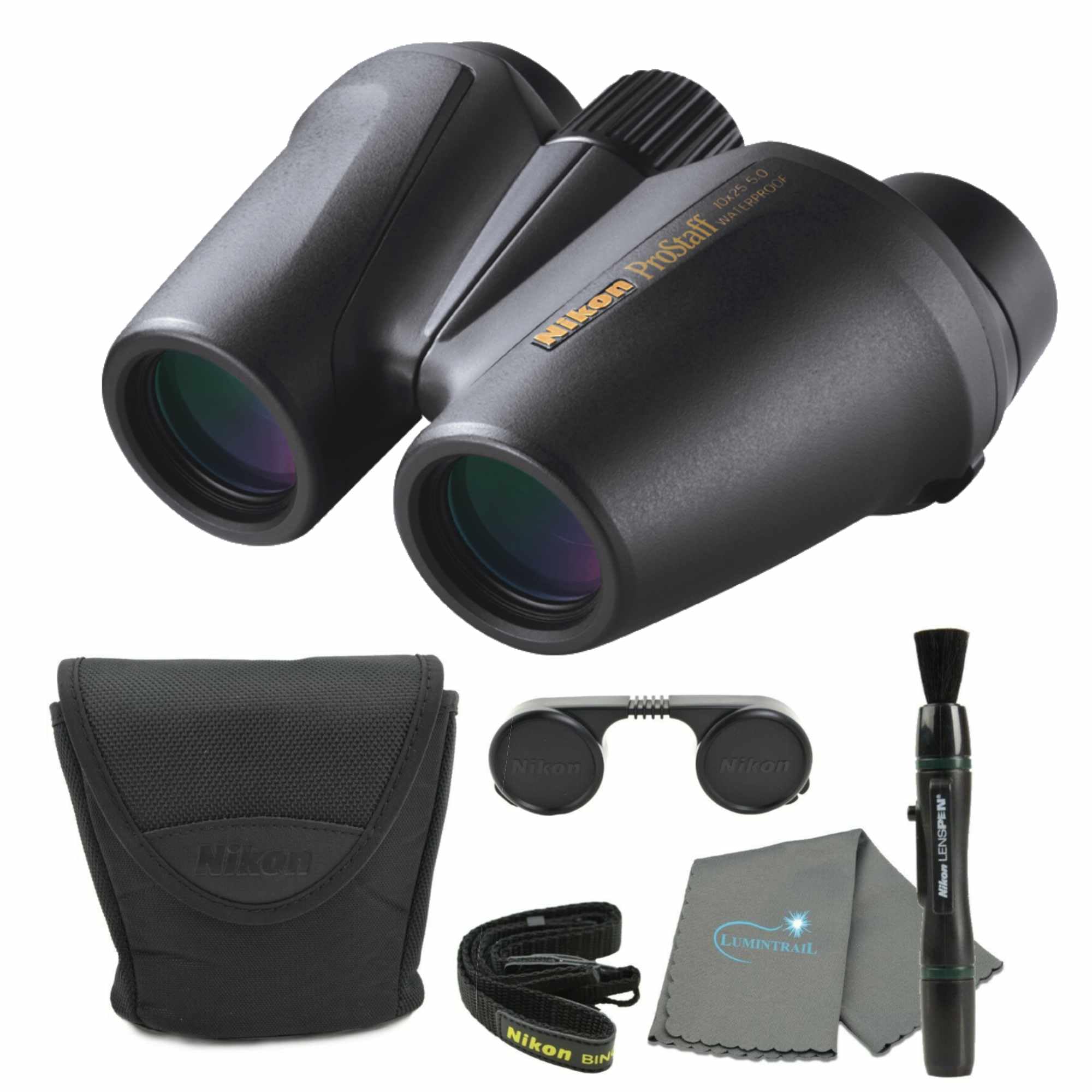 Nikon PROSTAFF 10x25 (7485) Black Binoculars Bundle with Lens Pen and Cleaning Cloth, Compact Binoculars for Adults for Hunting, Bird Watching, and Hiking Essentials, Waterproof All-Terrain