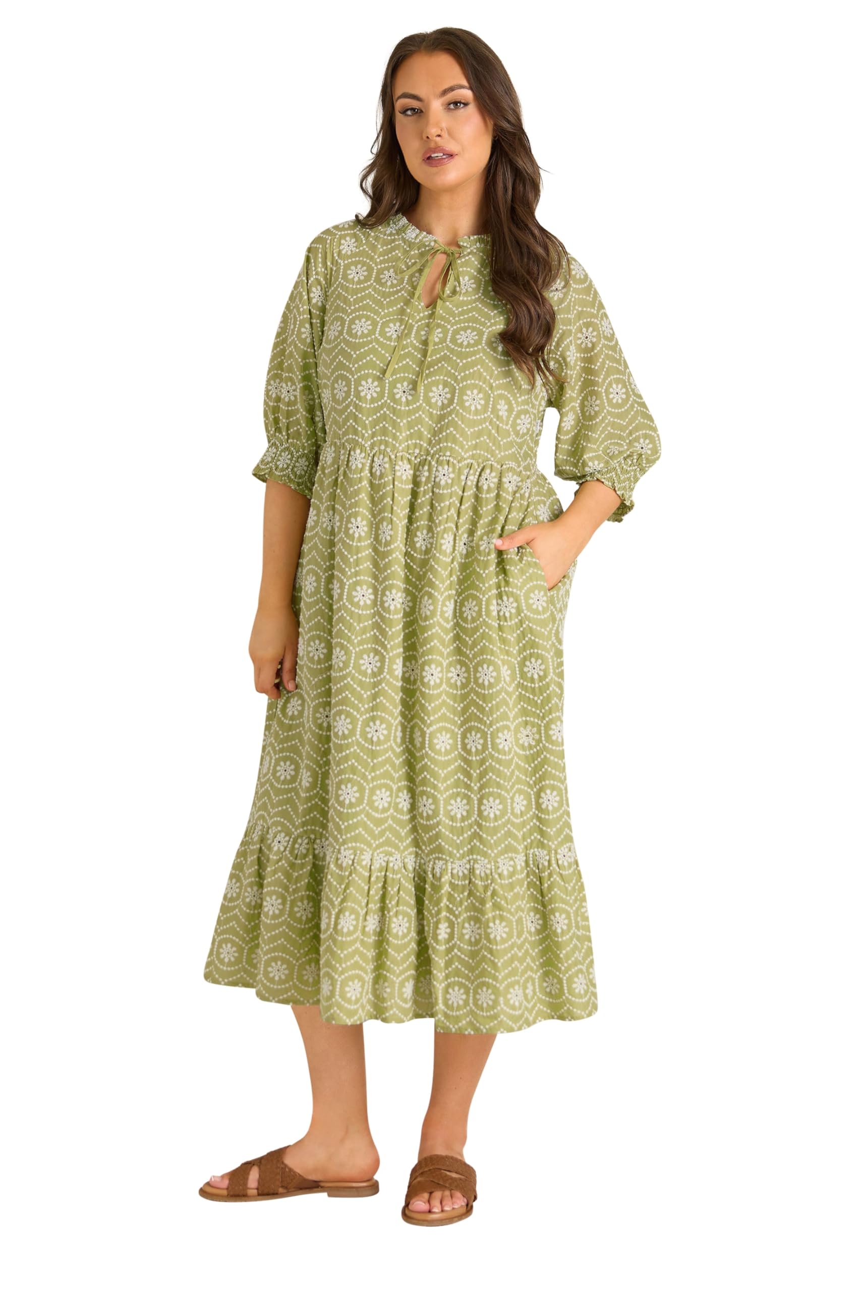 Evans Women's Green Plus Tie Neck Broderie Cotton Maxi Dress Size 22-24