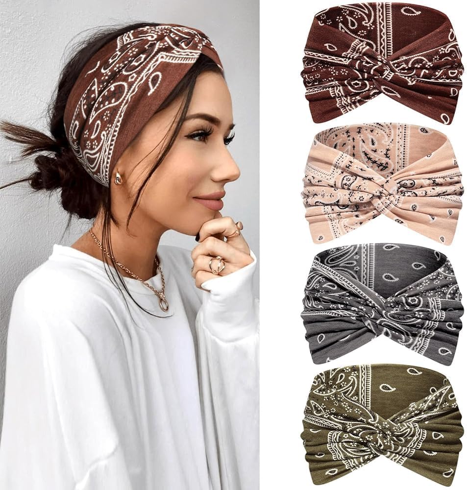 4Pcs Wide Elastic Boho Knotted Bandanas for Women | Gray, Brown, Green, Beige – Tie Dye Vintage Hair Bands, for Sports, Yoga, Makeup, Spa Daily Fashion Accessories-image-30