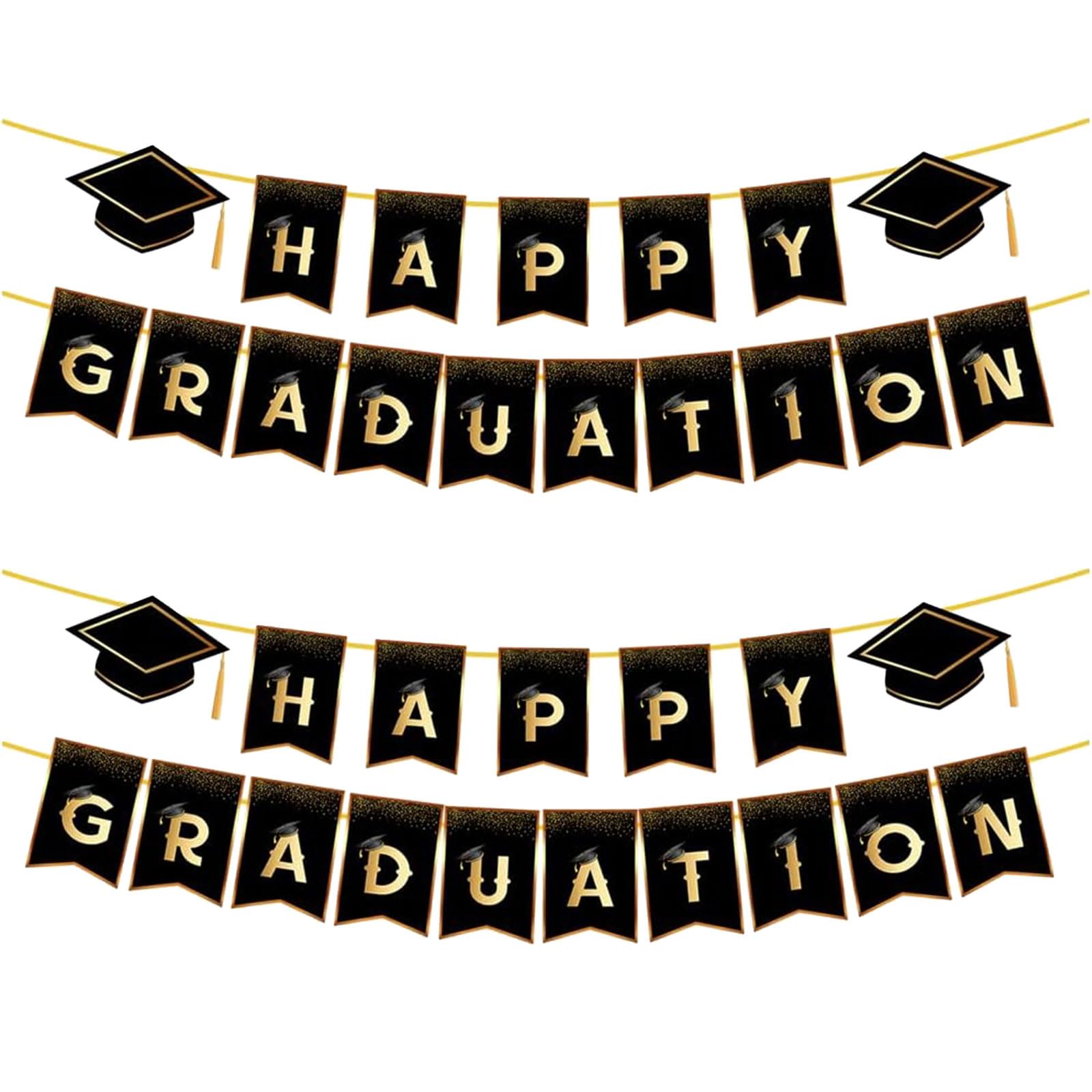 SKHAOVS 2 Pieces Happy Graduation Bunting Graduation Background Banner for College School Congratulations Graduation Party Decorations Black Golden Grad Hat Paper Garland Photo Booth Props (Black)