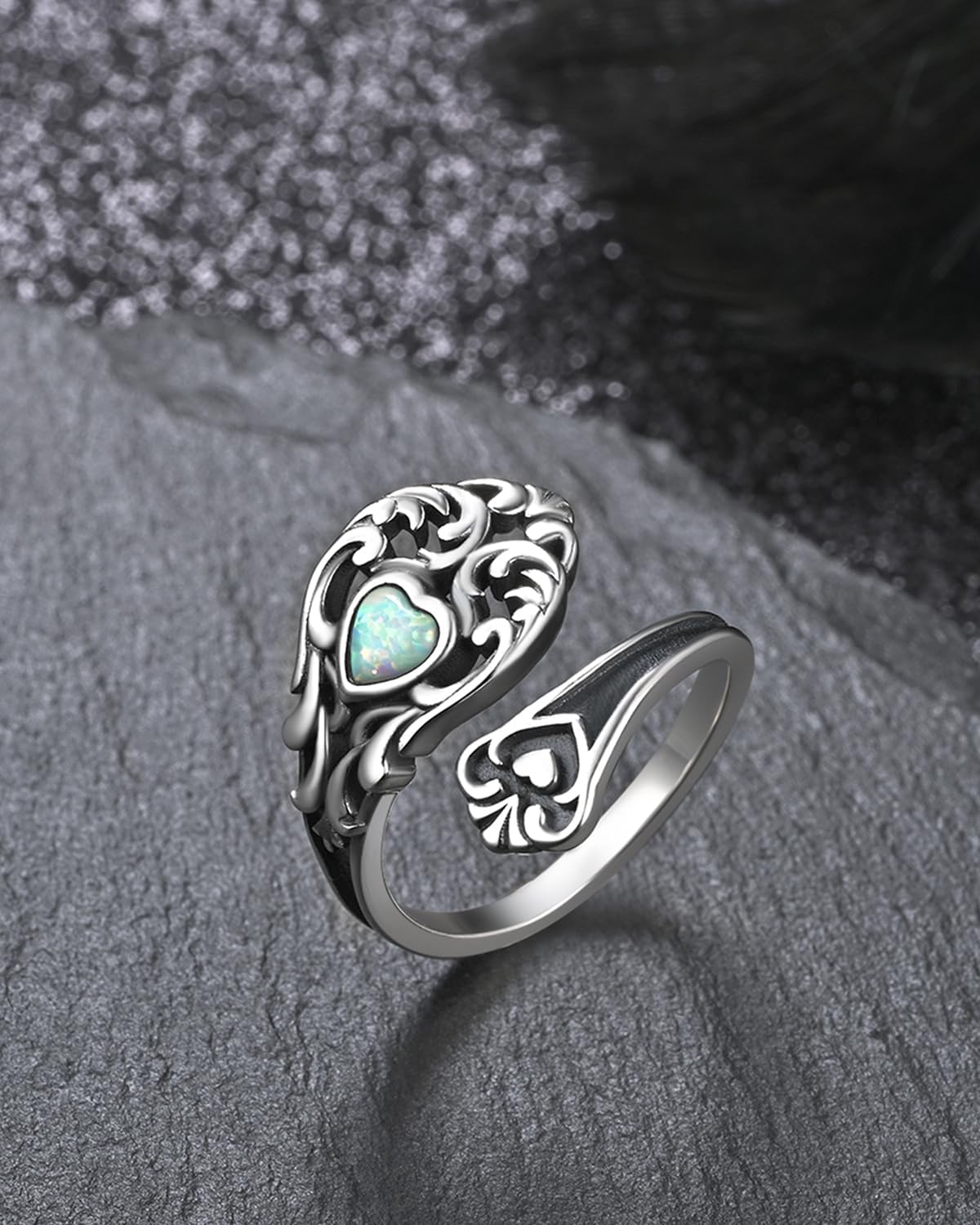 Sterling Silver Opal Spoon Ring - S925 Victorian Vintage Flower Open Adjustable Thumb Ring for Women