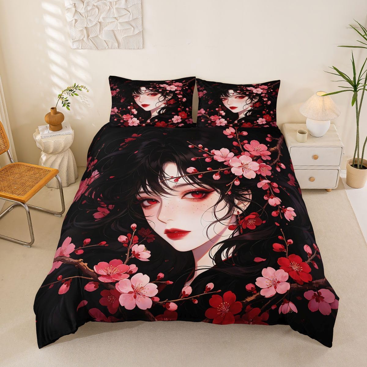 Feelyou Anime Girl Duvet Cover Queen Size Boys Girls Japanese Girl Bedding Set Breathable Soft Japanese Anime Comforter Cover 3Pcs Bedroom Decor No Comforter Microfiber Zipper Closure