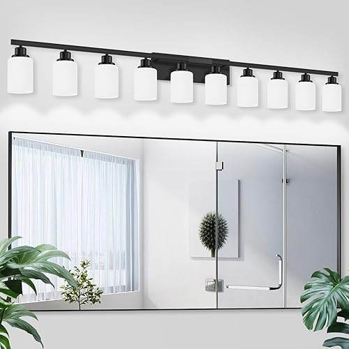 10 luces de tocador de baño sobre el espejo, 65.4 pulgadas, lámparas de tocador negras con pantallas de vidrio blanco mate negro moderno luces de