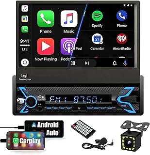 （Motorized） Single Din Car Stereo Compatible with Apple Carplay & Android Auto 7 Inch Flip Out Touchscreen Car Stereo with Bluetooth| Mirror Link| Backup Camera/USB/AUX Input/AM/FM/Subwoofer/DSP