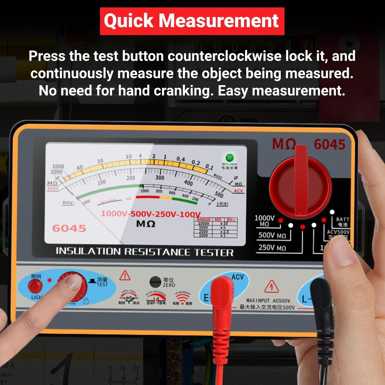 TY6045 Testeur de Résistance D'isolement Mégohmmètre Portable 1000V 5MΩ‑2000MΩ Mesures de Résistance ABS Mètre 10-2000M±10% Longueur D'arc