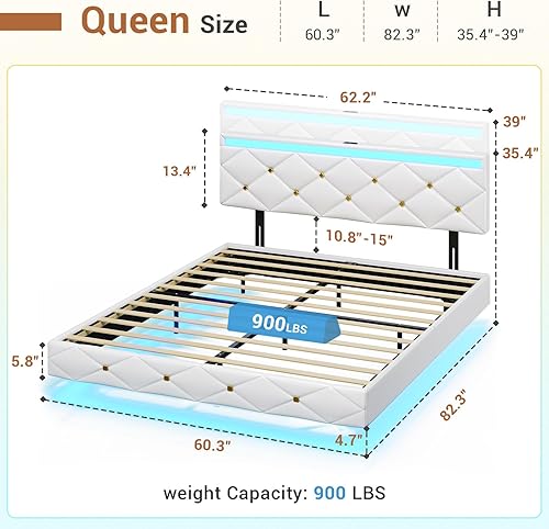 Miniatura 11 de Hasuit Base de cama flotante tamaño Queen con luces LED y estación de carga, moderna cama de plataforma Queen con cabecera tapizada de cuero vegano,