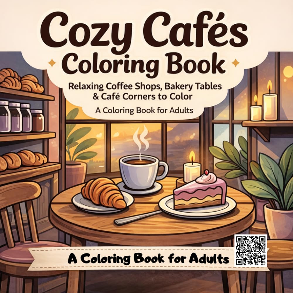 Cozy Cafés Coloring Book: Relaxing Coffee Shops, Bakery Tables and Café Corners to Color Bold and Easy Coloring Book for Adults Stress Relief Cute ... Aesthetic Scenes (Cozy Places Coloring Books)