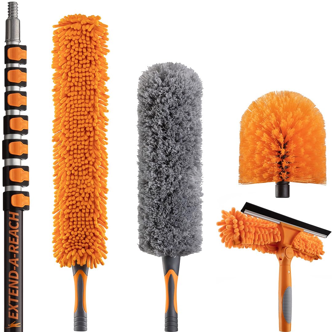 36 Foot High Reach Duster Kit with 7-30 ft Extension Pole // High Ceiling Dusting and Window Cleaning Kit with Telescopic Pole // Window Washer & Squeegee, Cobweb Duster, Fan Blade and Feather Dusters