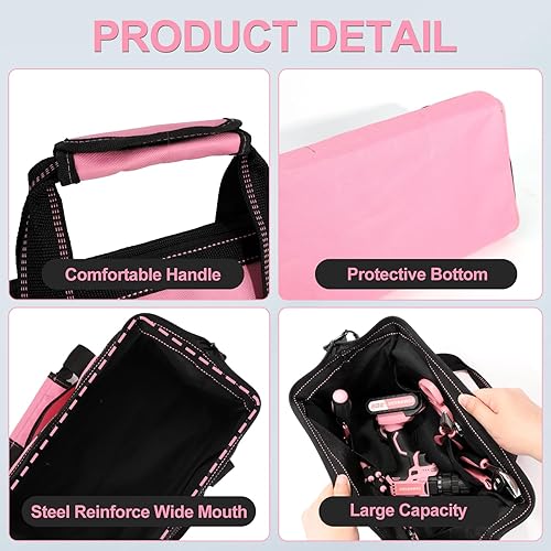 Miniatura 5 de COMOWARE Bolsa de herramientas de 13 pulgadas, bolsas de almacenamiento suaves rosas con bolsillos interiores, bolsa de herramientas rosa de boca