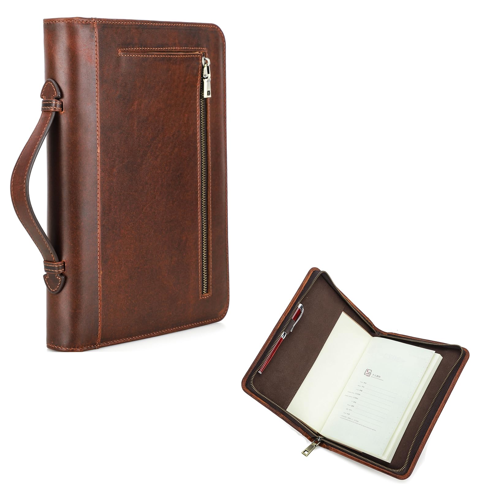 Hiram Funda de piel para cuaderno A5, bolsa de almacenamiento de piel con cremallera, funda para cuaderno A5 con asa de transporte y funda para teléfono móvil