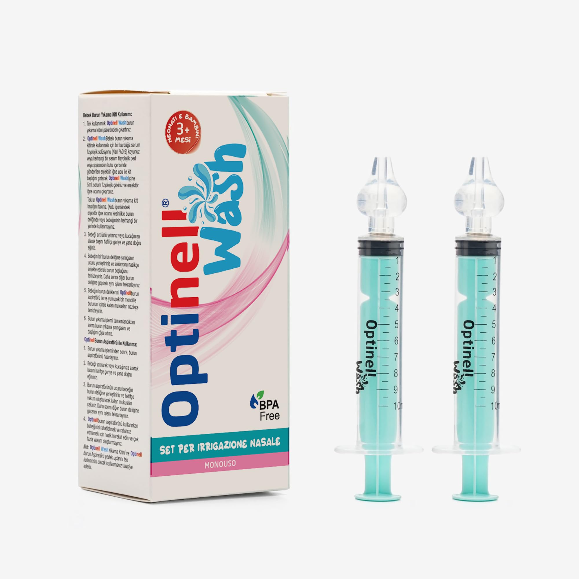 Optinell Wash – Siringa per Lavaggi Nasali Bambini 10ml con Beccuccio in Silicone Morbido | Kit Lavaggio Nasale per Neonato e Bambino | Senza BPA, Riutilizzabile, Igienico (2 Pezzi)