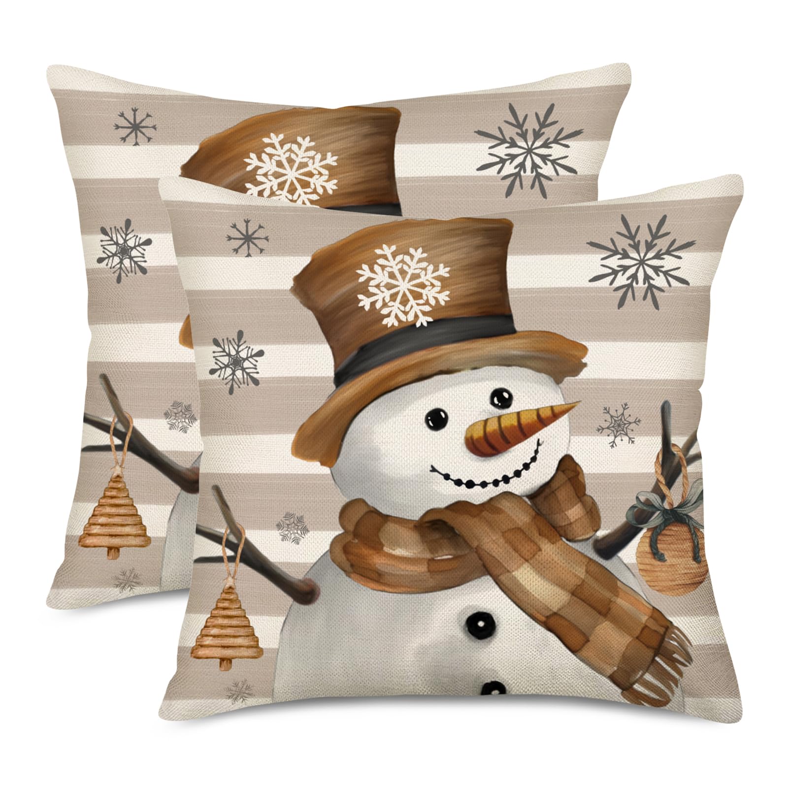 Easternproject Winter Snowman Throw Pillow Cover 24x24 Inch Set of 2 Snowflake Christmas Let It Snow Brown Stripes Farmhouse Decoration Pillow Cases