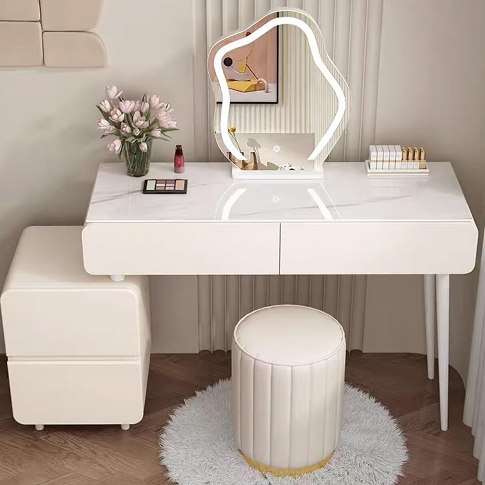 Toeletta da Trucco con Sgabello Tavolo Cosmetici, Liberamente a Scomparsa, Salvaspazio, con Cassetti In Legno Massello e Specchio Per Trucco Smart a Led a Forma di Nuvola ( Color : White , Size : 100C