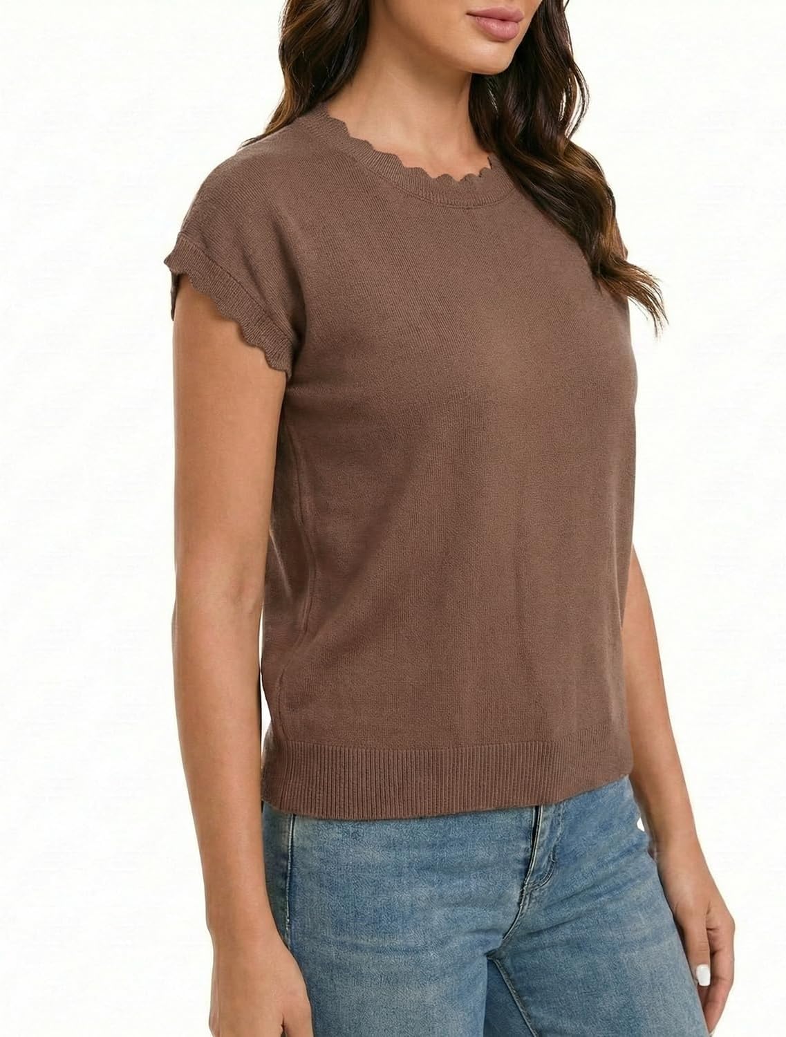 Women Summer Sweater Cap Sleeve Lightweight Pullover Soft Knit Top with Scallop Wavy - Image 2