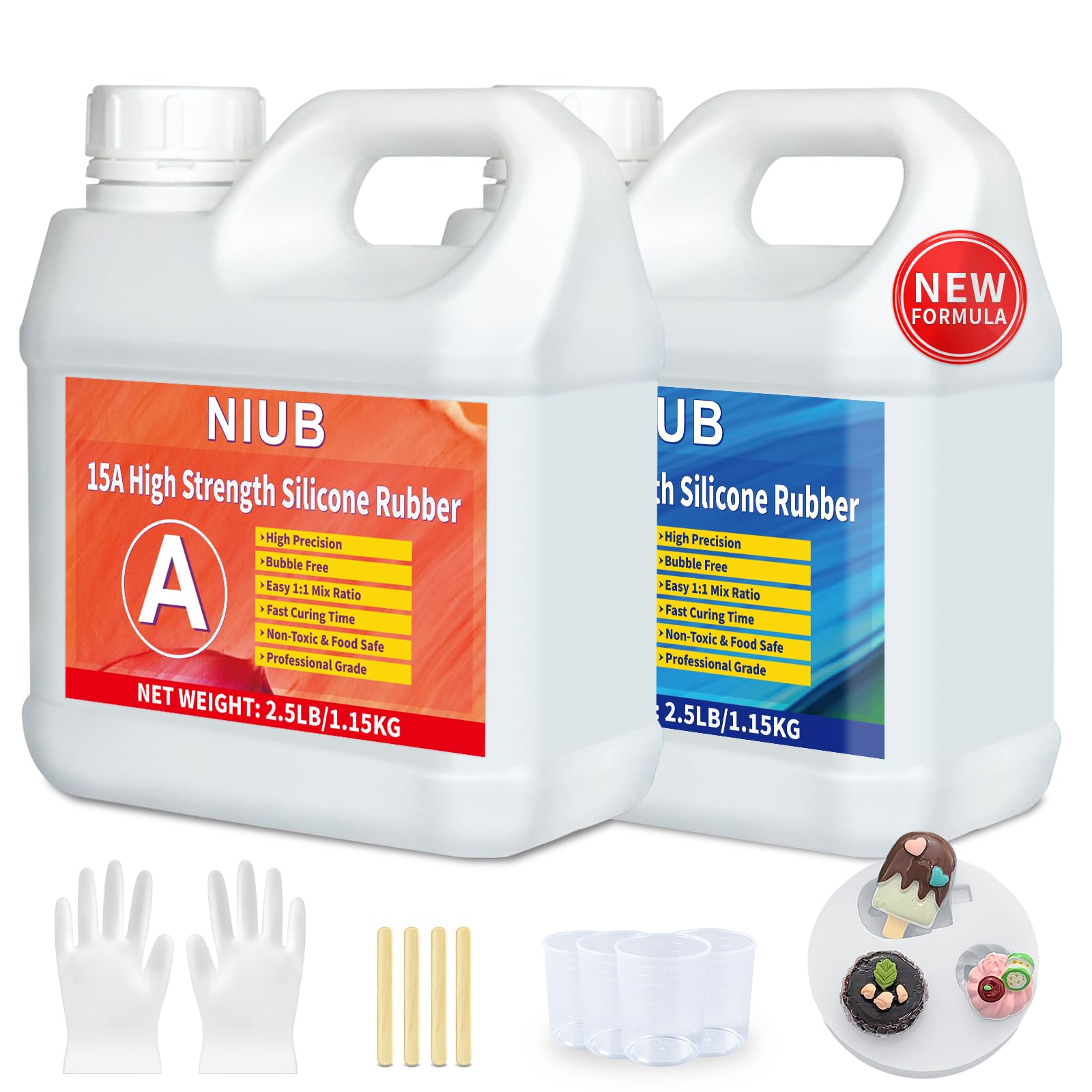 NIUB Abformsilikon,15A 2,5kg Flüssiges Silikon Abformmasse,Selbstentlüftend, Lebensmittelecht, Easy Mold Release, Niedrige Viskosität,Silikon zum Abformen