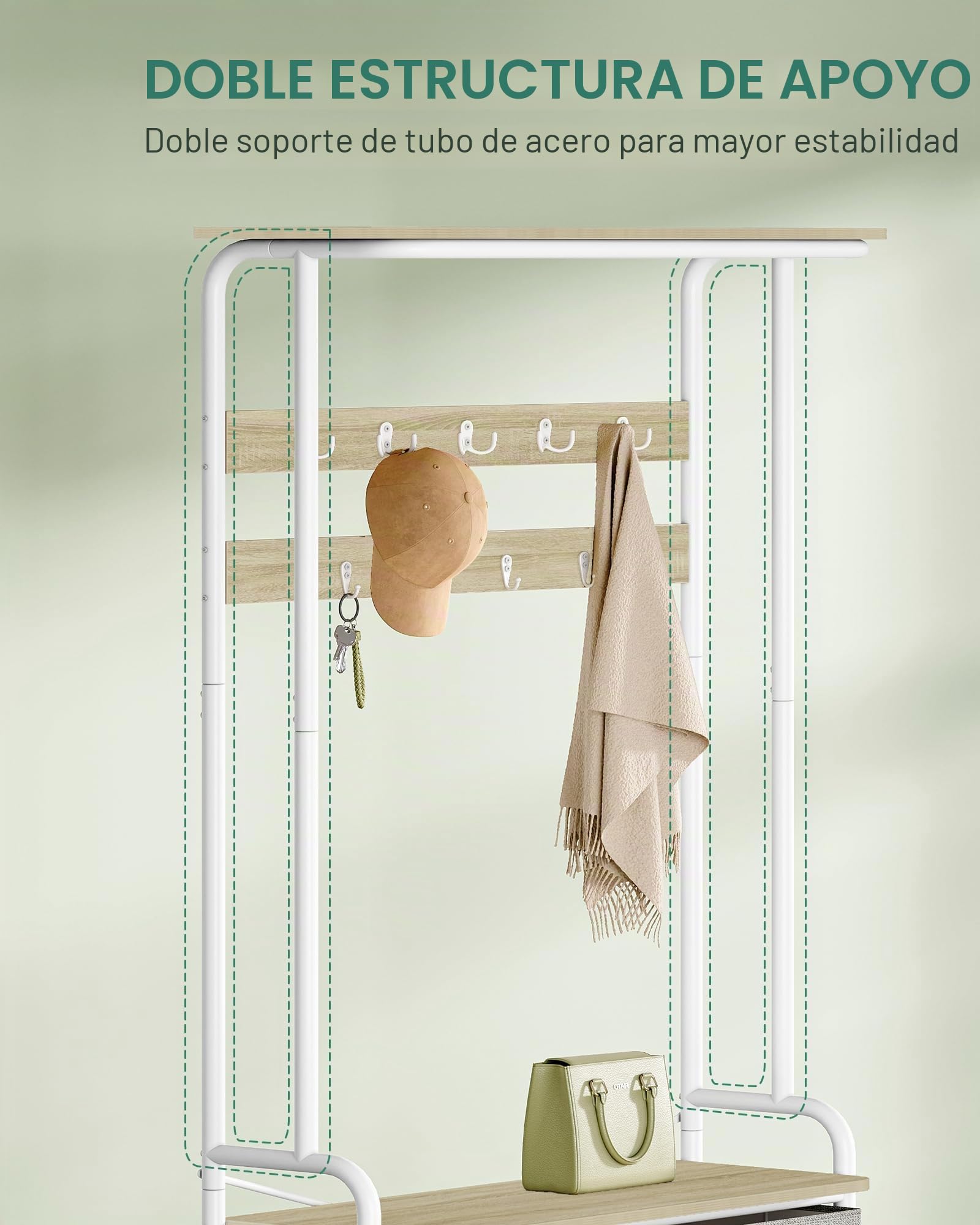 Hzuaneri Perchero con Zapatero, con 2 Cajones 9 Ganchos, Roble y Blanco | para Recibidor, Salón y Dormitorio, 32 x 80 x 180 cm, HT20116W