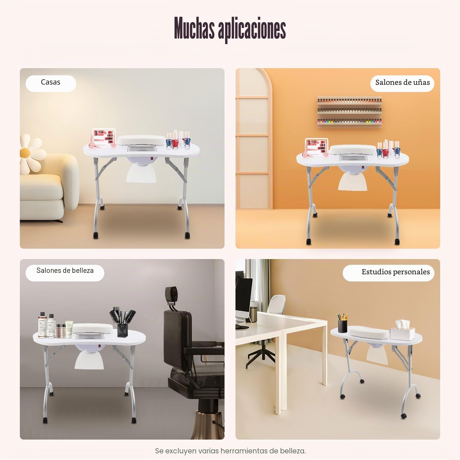 Mesa de Manicura Portátil y Plegable Con Aspiración - 90 x 40 x 72 cm, Bolsa para Polvo y Ruedas - Color Blanco