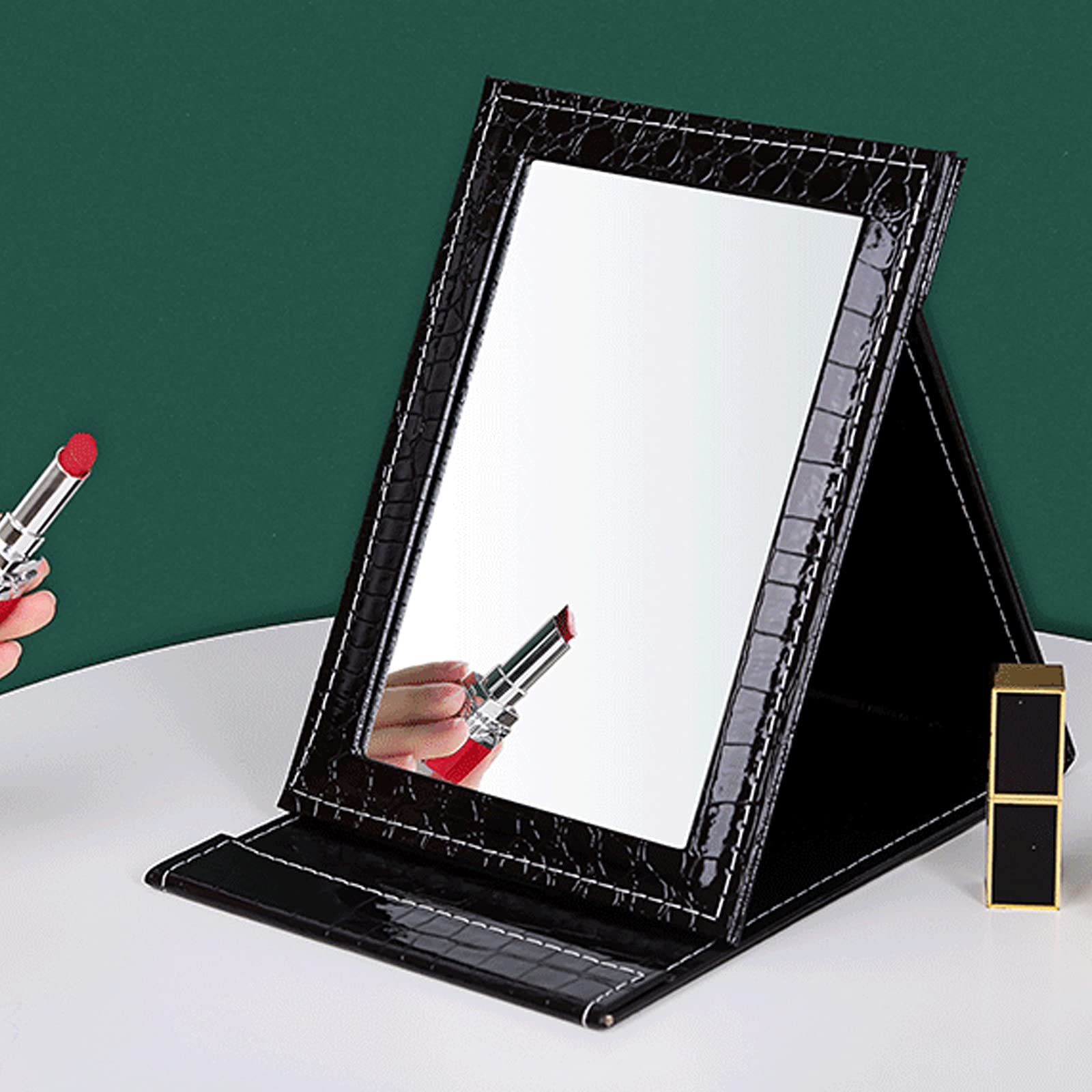 Specchio da scrivania, Specchio per Trucco Pieghevole in PU, Specchio Portatile Intelligente, Specchio Pieghevole da scrivania, Specchio Nero alla Moda Semplice, Specchio cosmetico da Viaggi